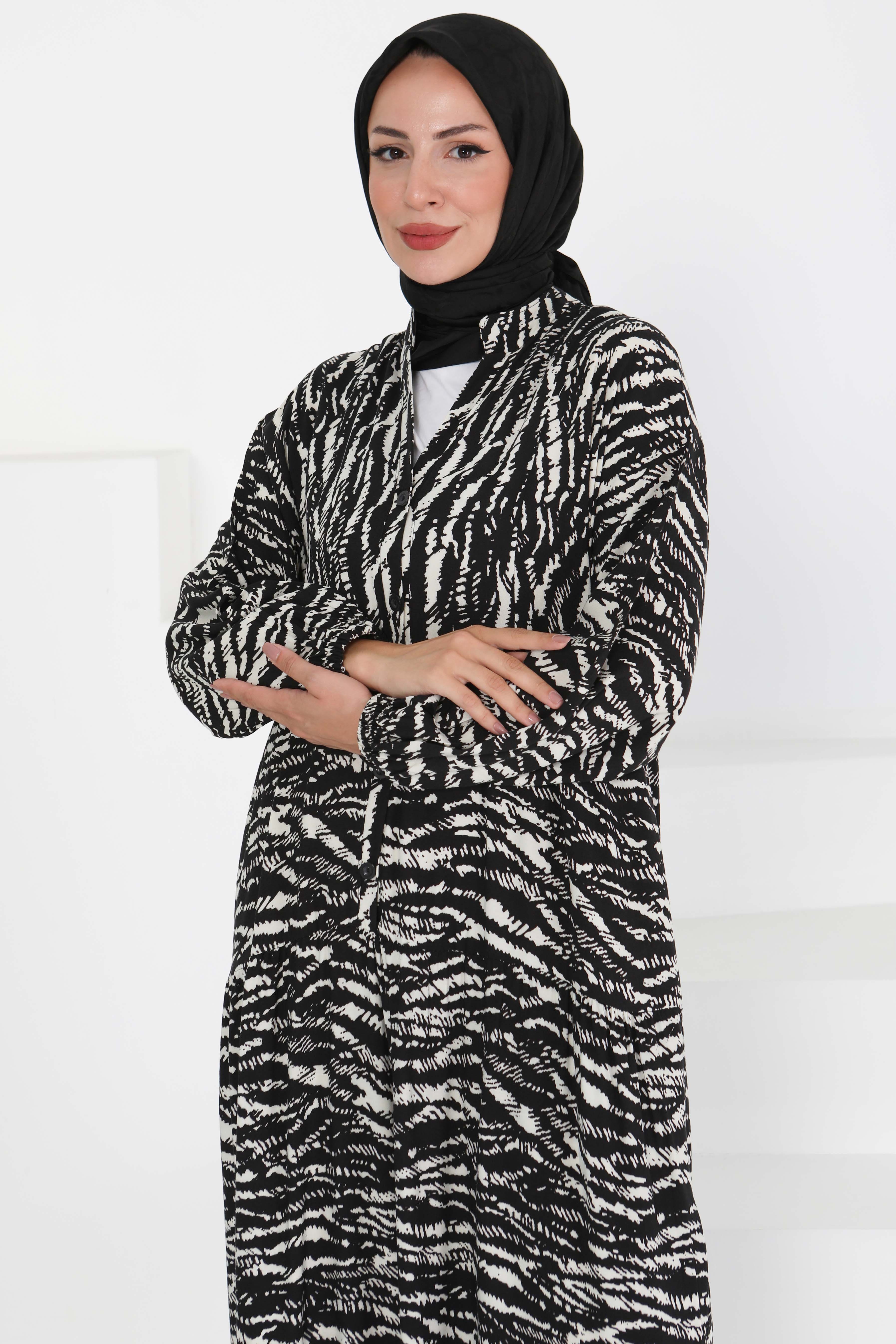 Düğmeli Desenli Elbise Siyah - 27424 - 4
