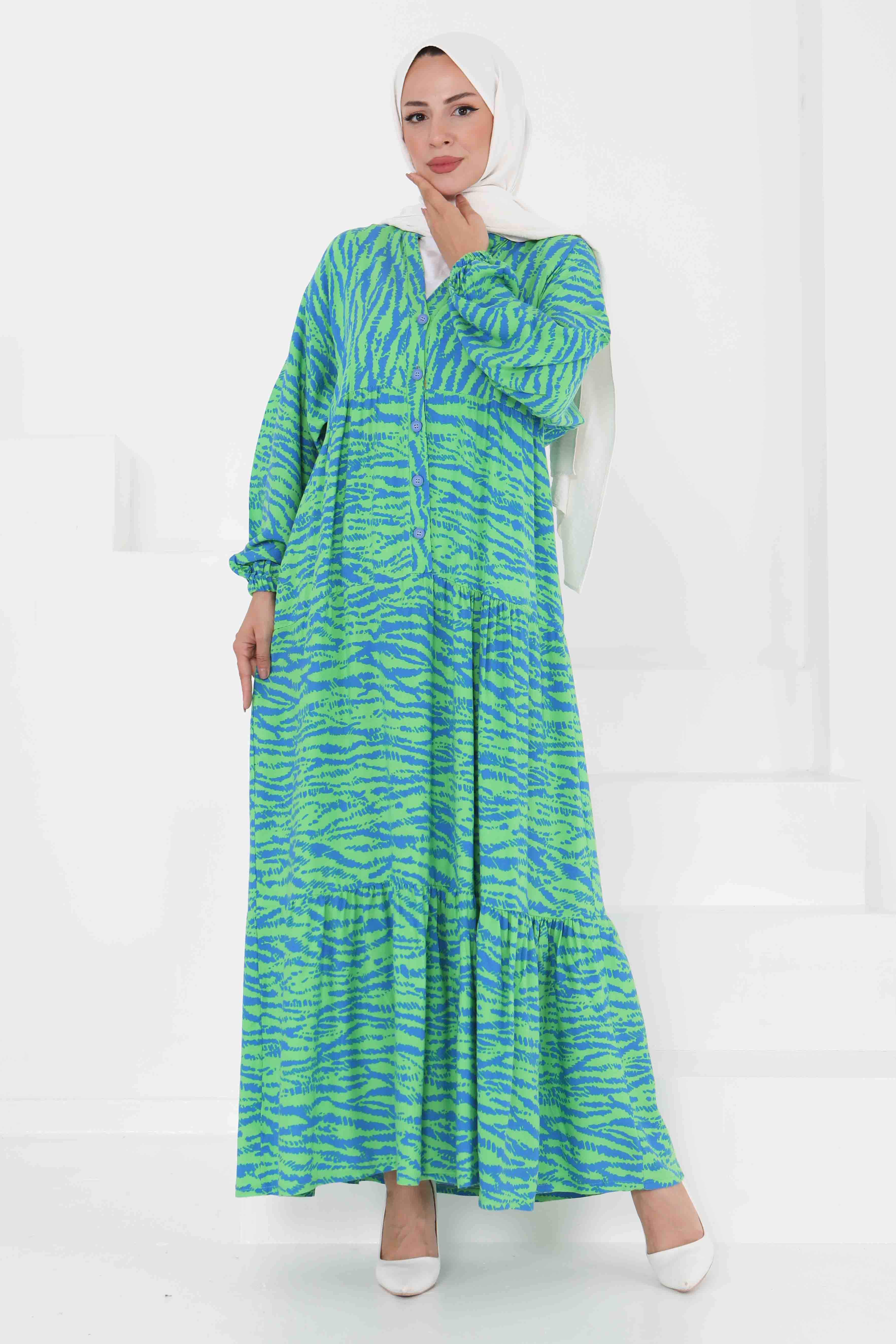 Düğmeli Desenli Elbise Yesil - 27424 - 1