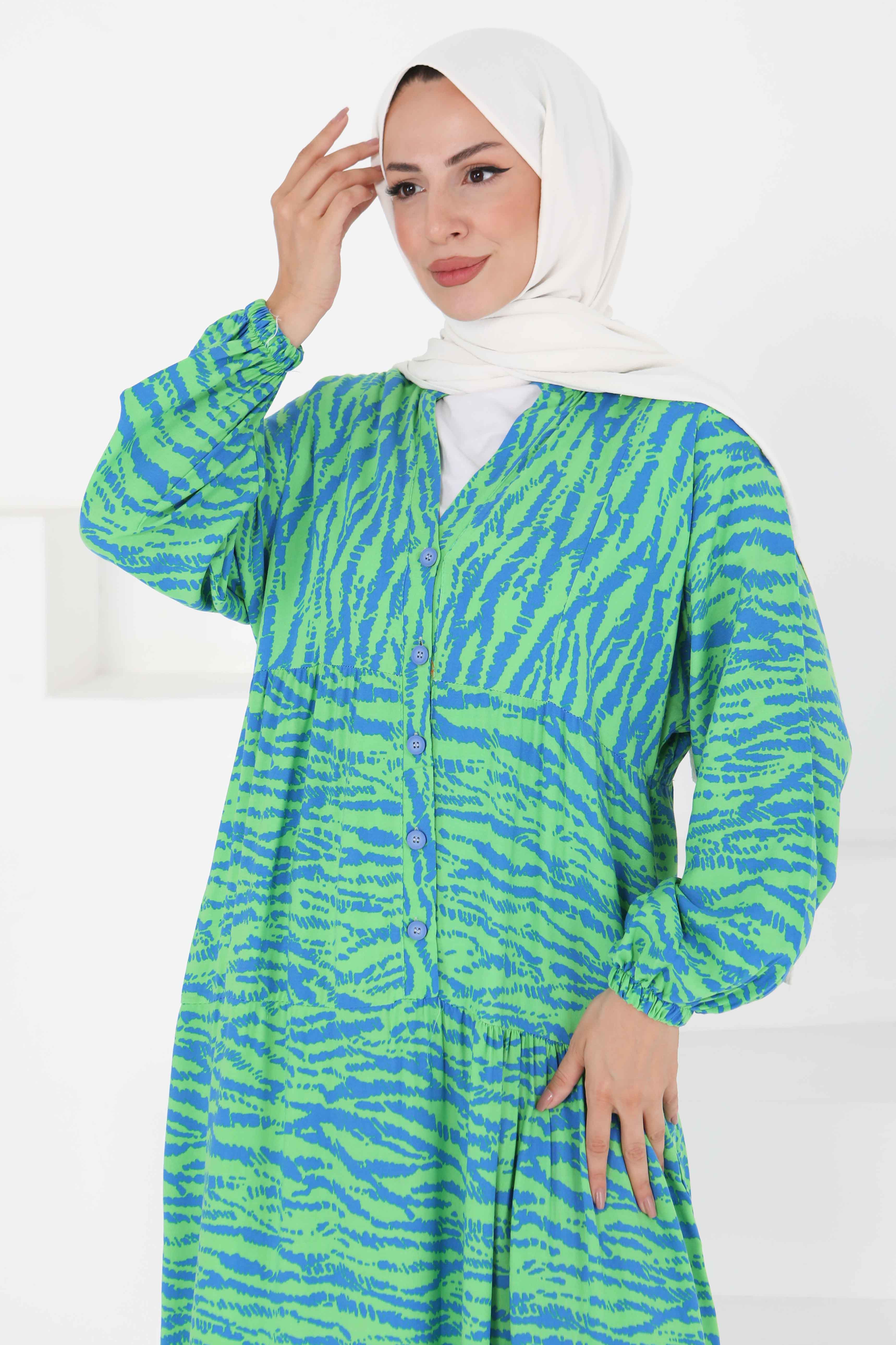 Düğmeli Desenli Elbise Yesil - 27424 - 2