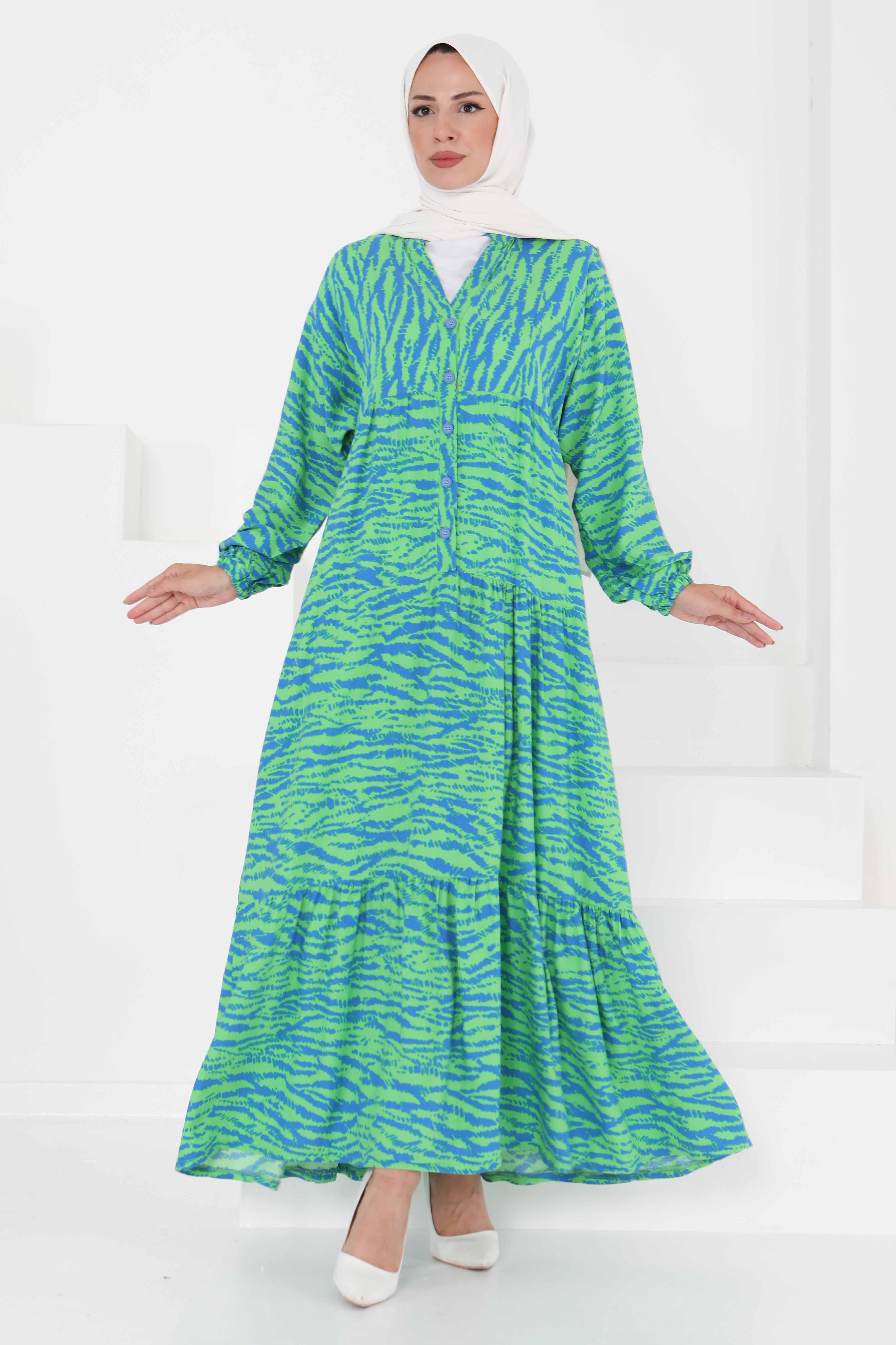 Düğmeli Desenli Elbise Yesil - 27424 - 3