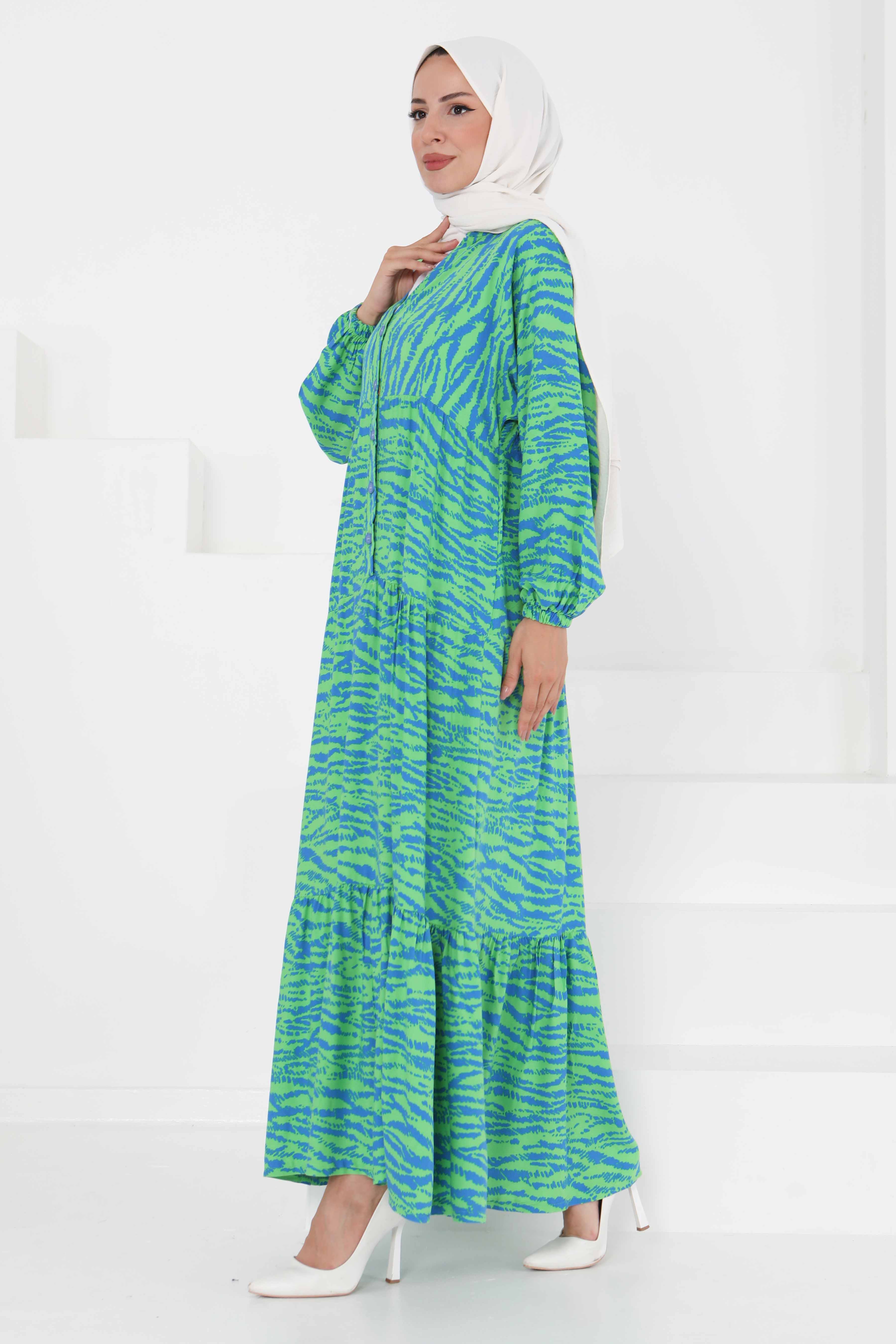 Düğmeli Desenli Elbise Yesil - 27424 - 4