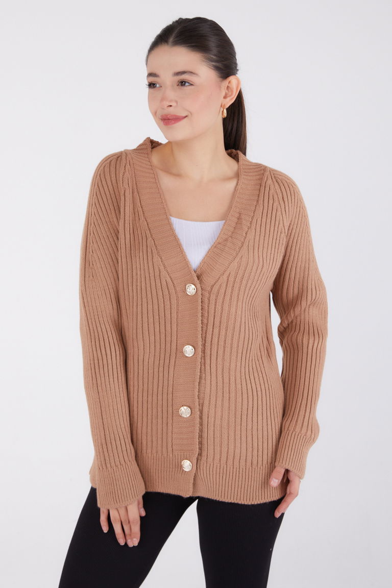 Düğmeli Fitilli Triko Hırka - 27665 - TOFİSA