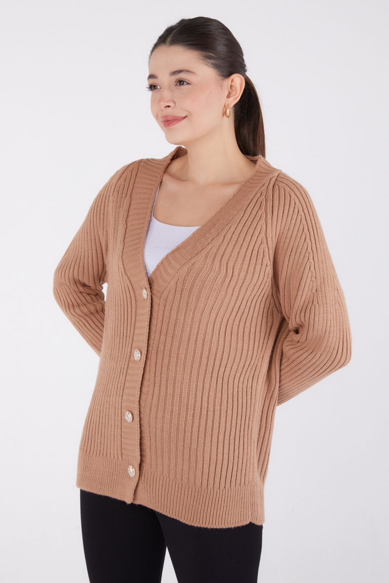 Düğmeli Fitilli Triko Hırka - 27665 - TOFİSA