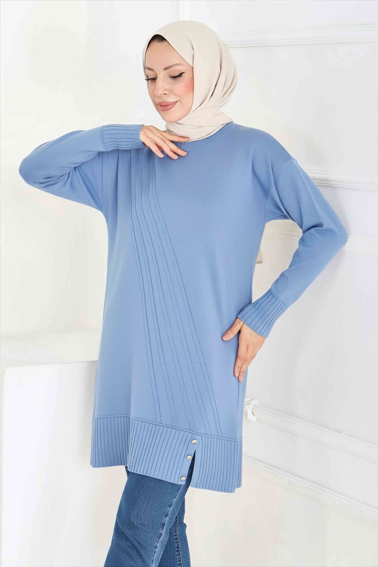 Düğmeli Fitilli Triko Tunik - 27796-BEBE-MAVI - TOFİSA