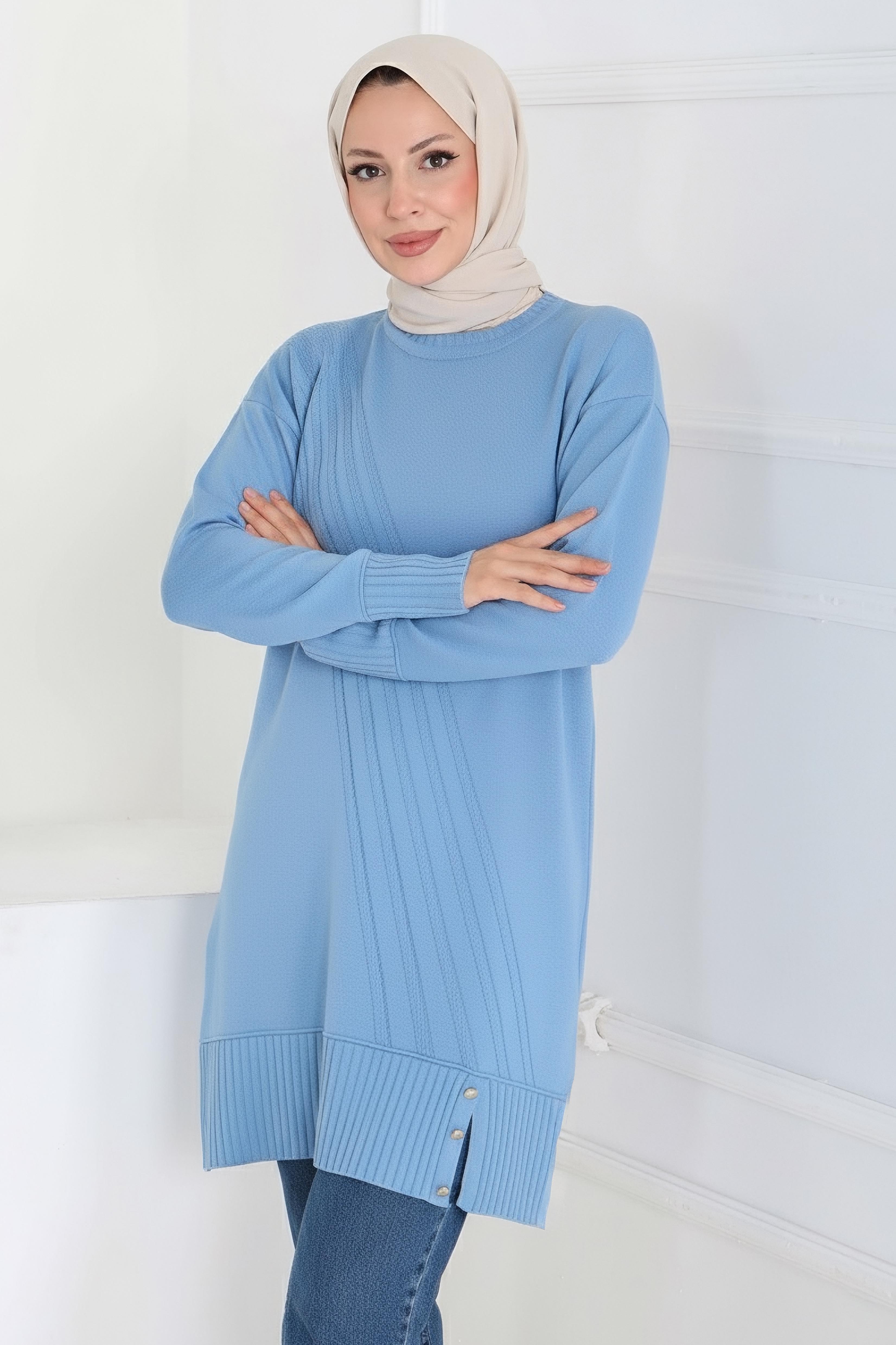 Düğmeli Fitilli Triko Tunik - 27796-BEBE-MAVI - 1