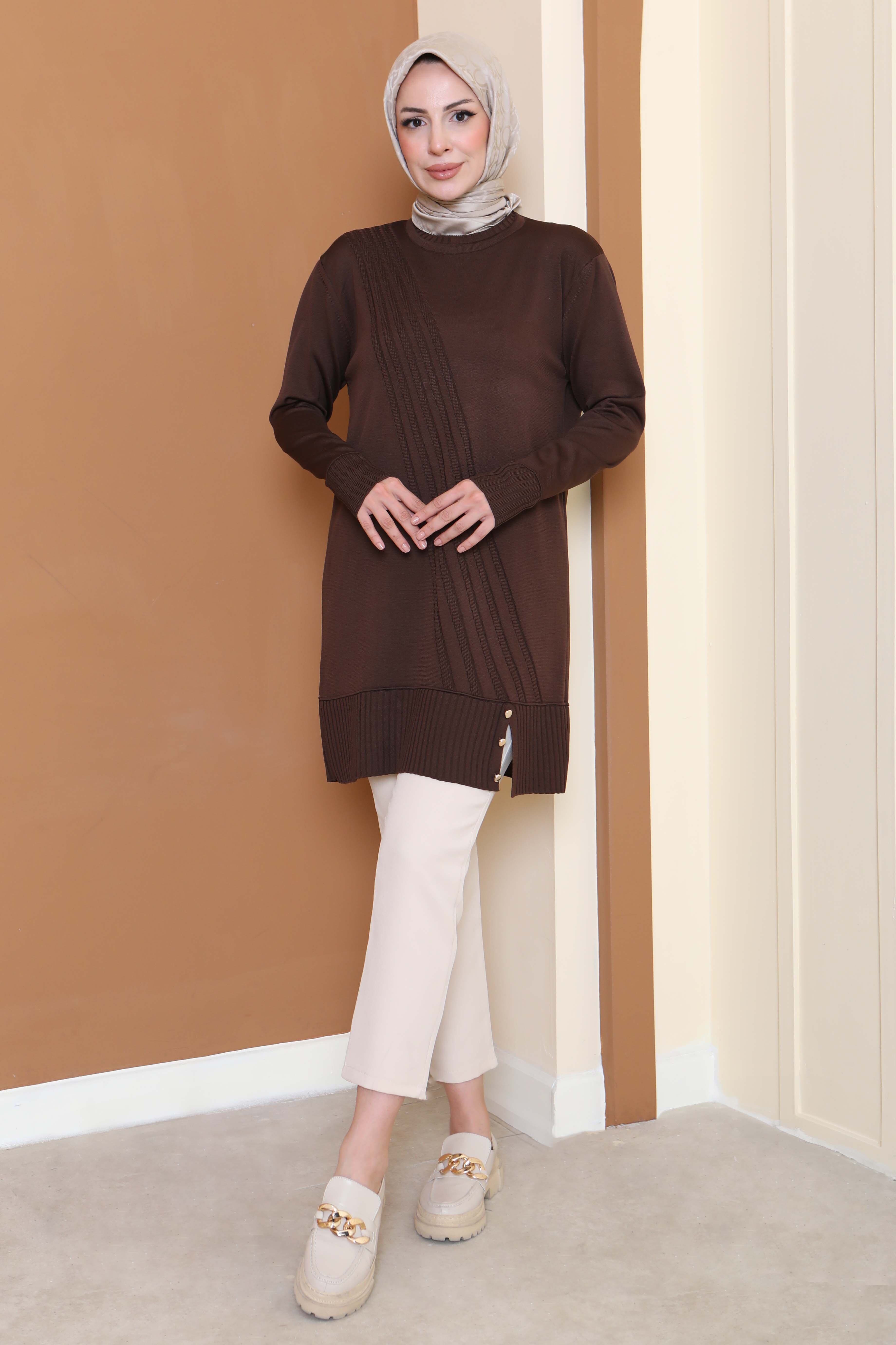 Düğmeli Fitilli Triko Tunik - 27796-KAHVE - 2