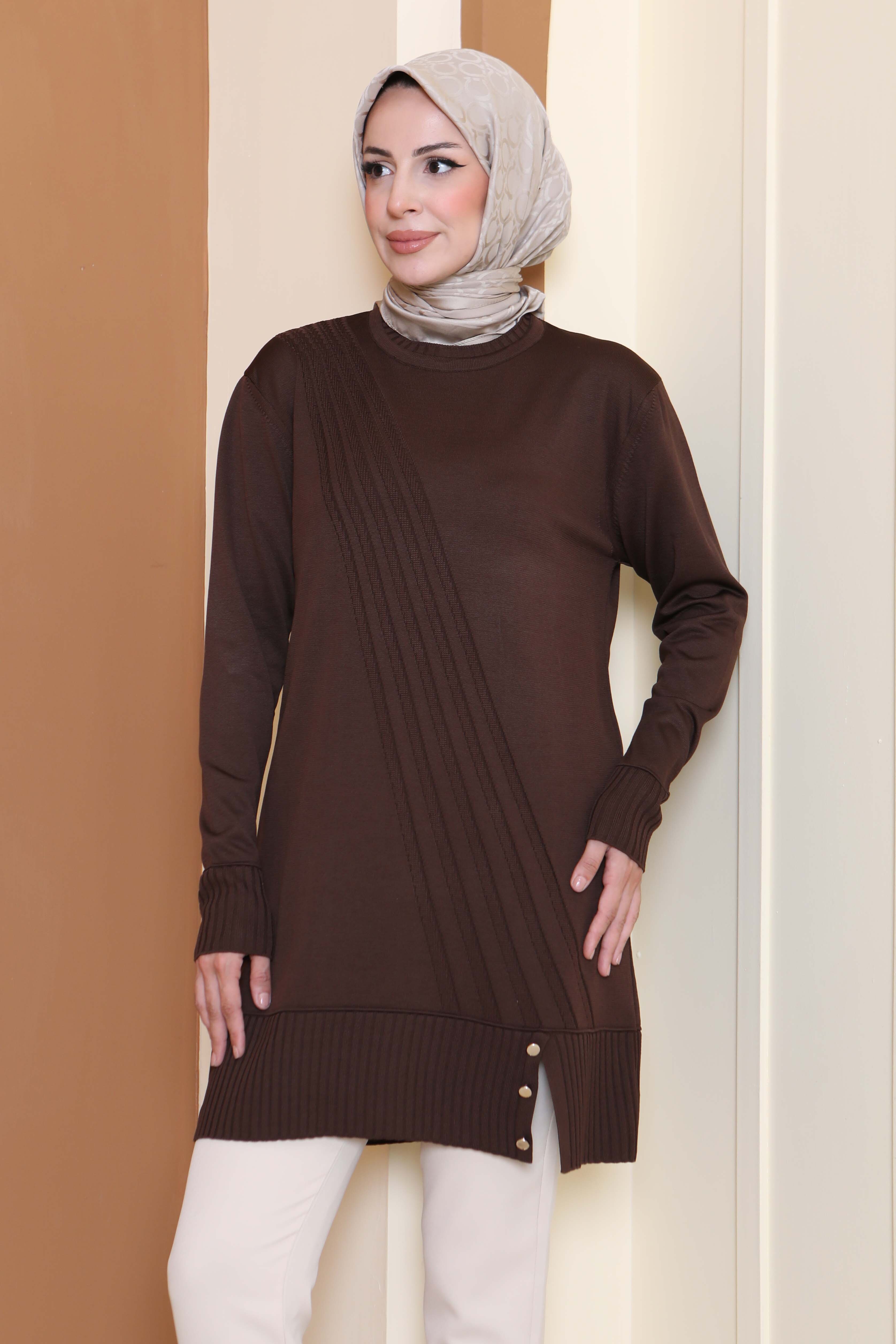 Düğmeli Fitilli Triko Tunik - 27796-KAHVE - 3