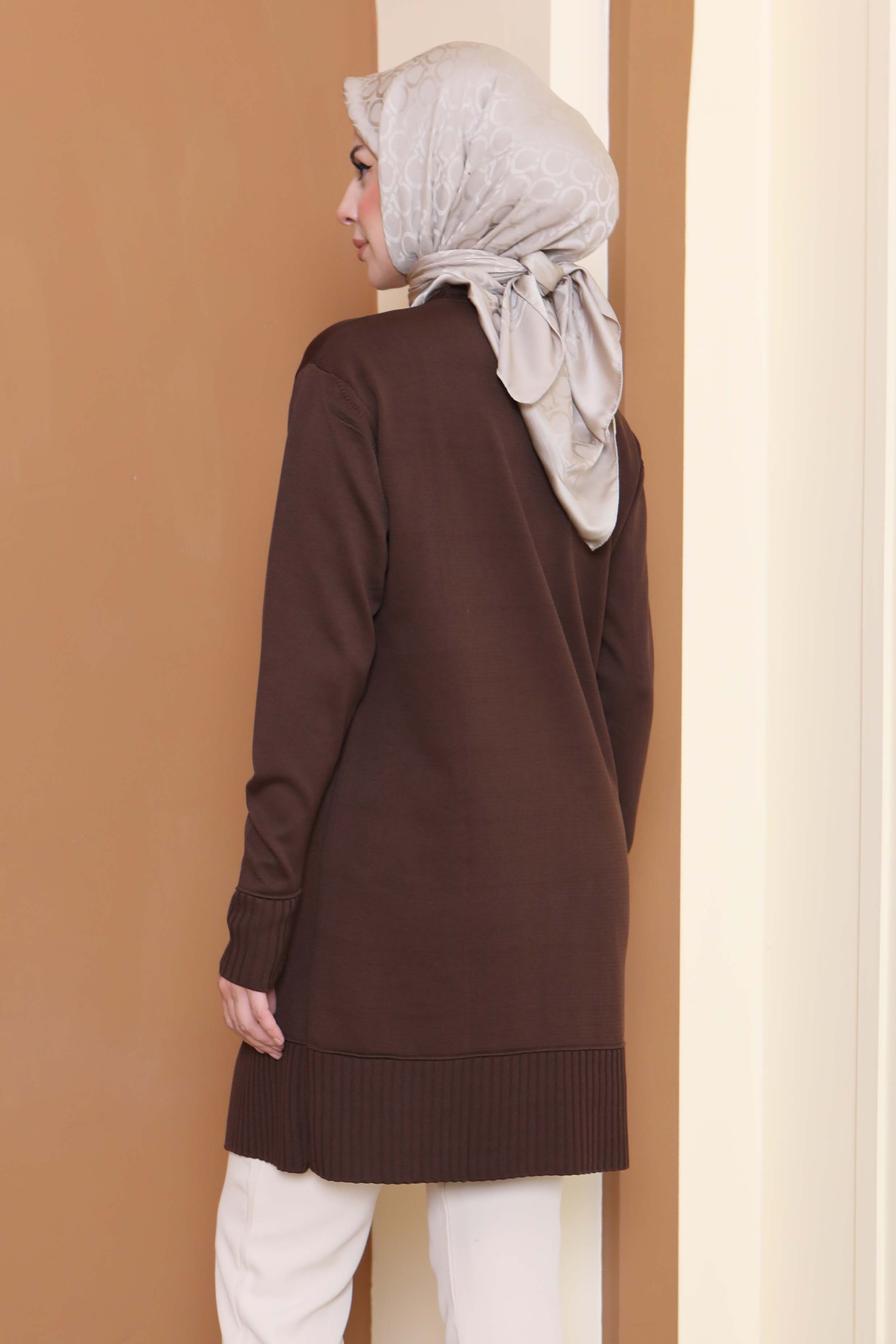 Düğmeli Fitilli Triko Tunik - 27796-KAHVE - 4