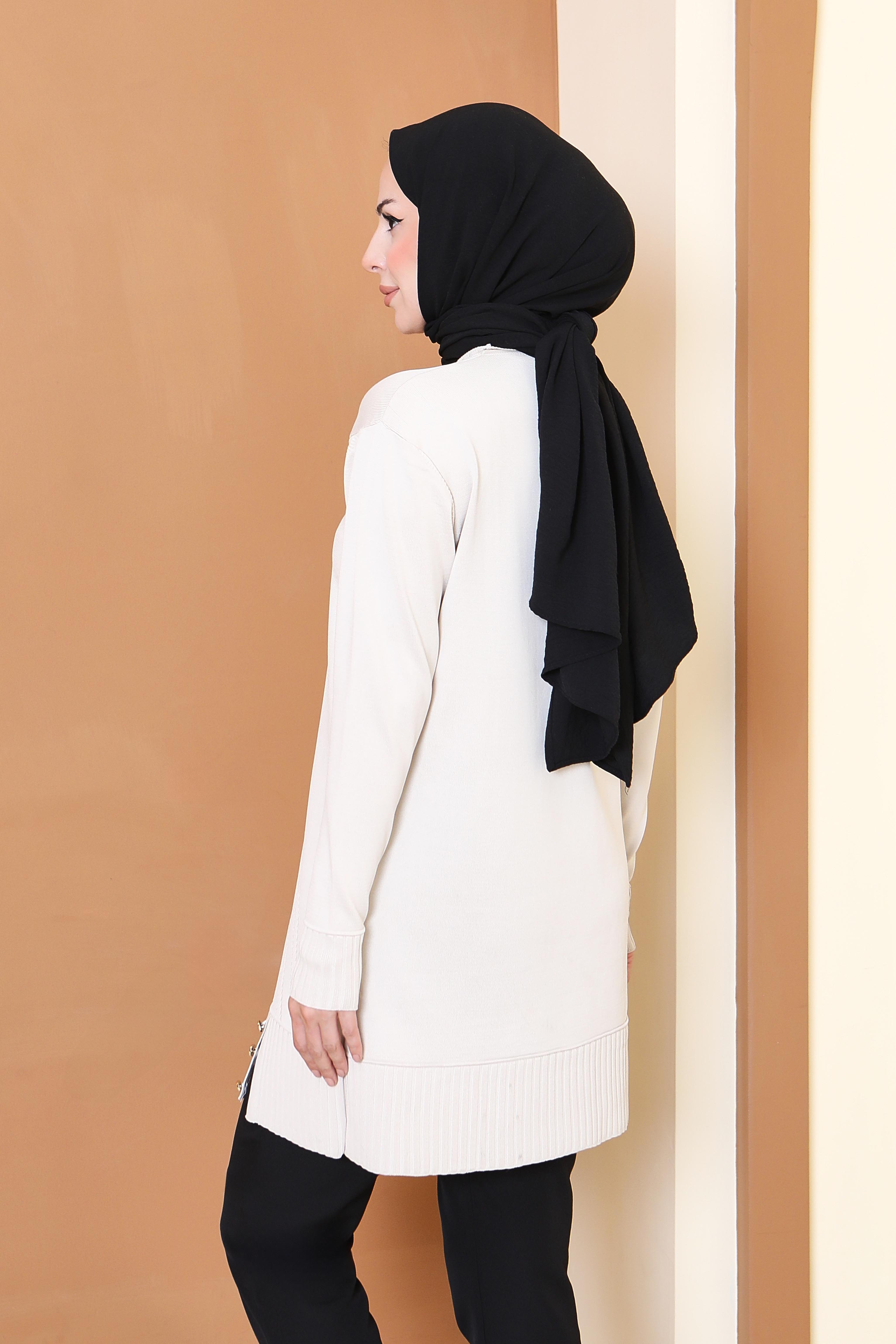 Düğmeli Fitilli Triko Tunik - 27796-KREM - 2