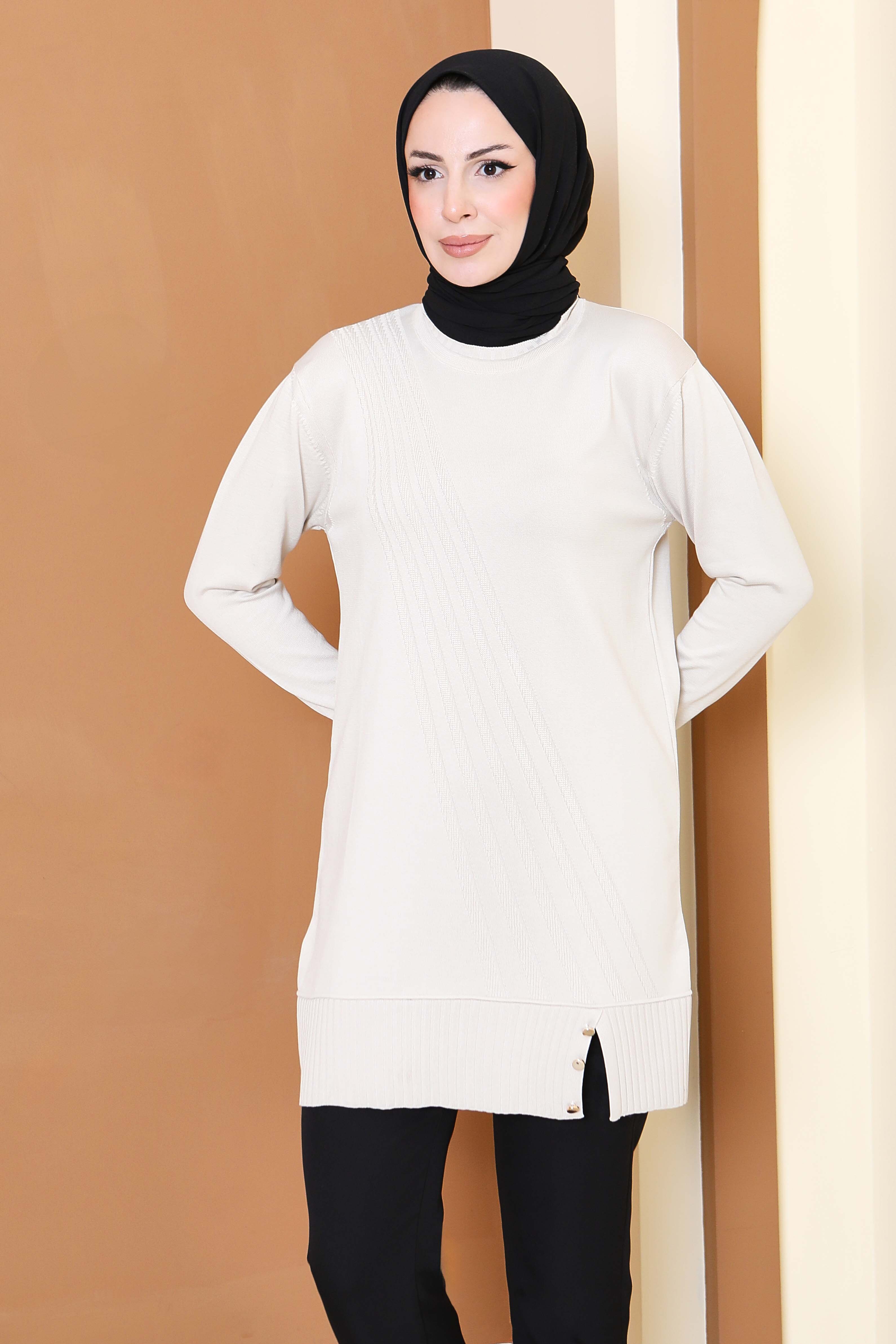 Düğmeli Fitilli Triko Tunik - 27796-KREM - 3