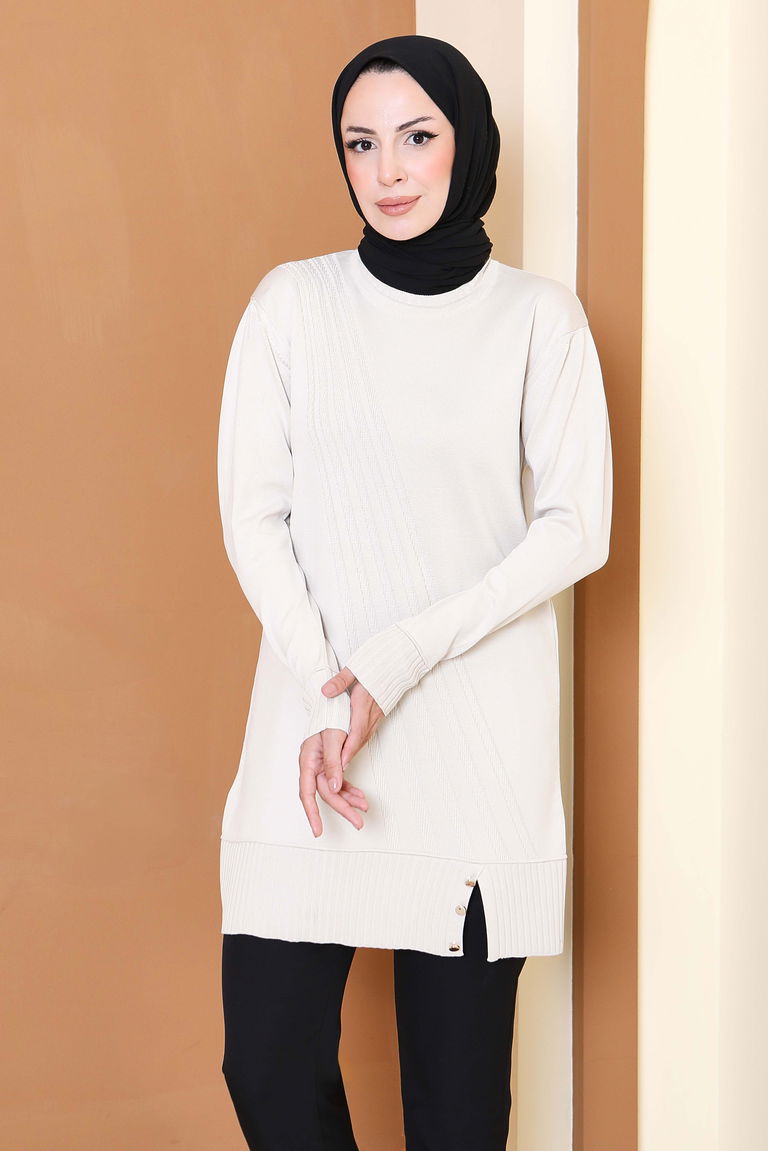 Düğmeli Fitilli Triko Tunik - 27796-KREM - TOFİSA