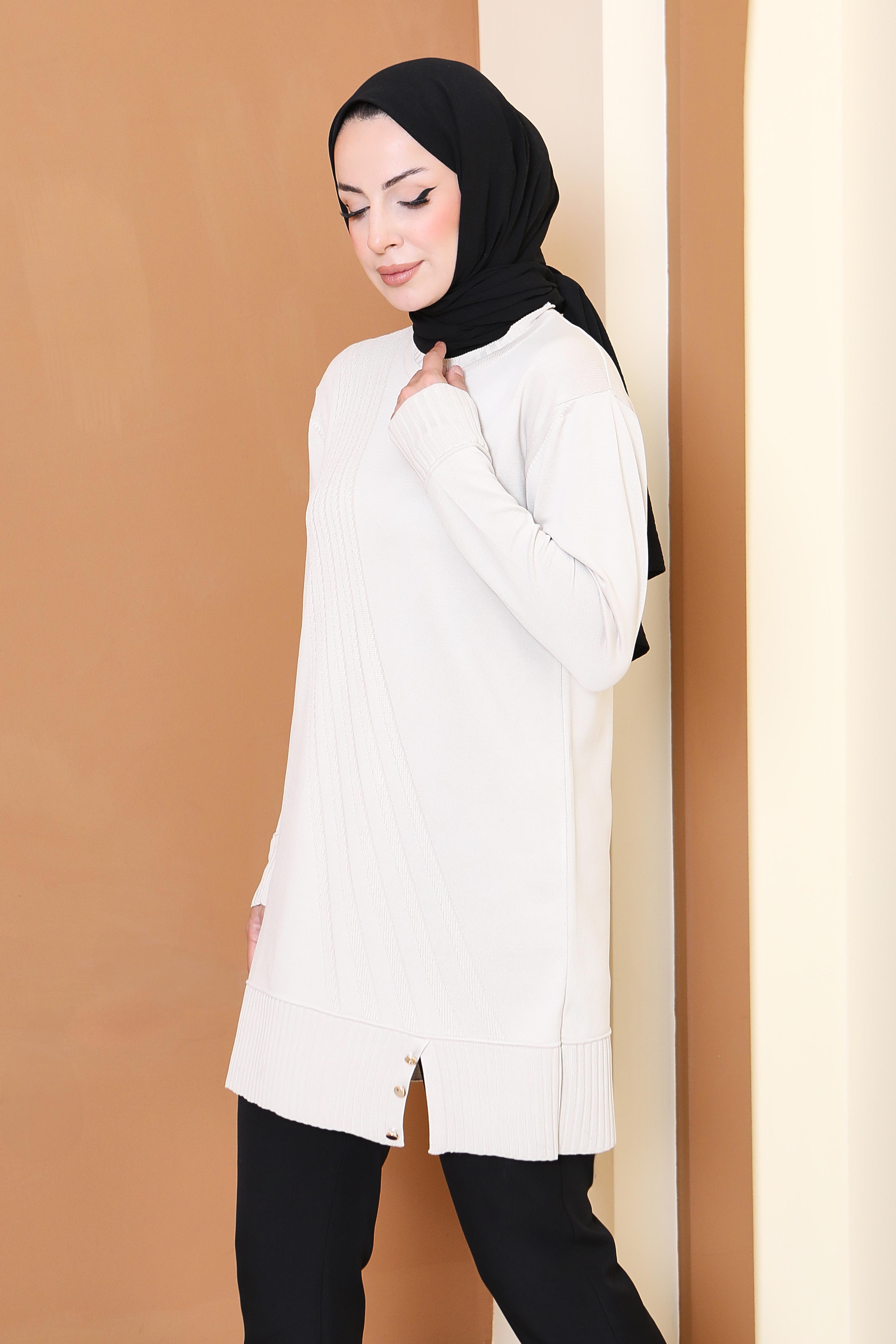 Düğmeli Fitilli Triko Tunik - 27796-KREM - 2