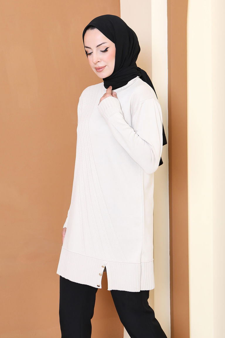 Düğmeli Fitilli Triko Tunik - 27796-KREM - TOFİSA