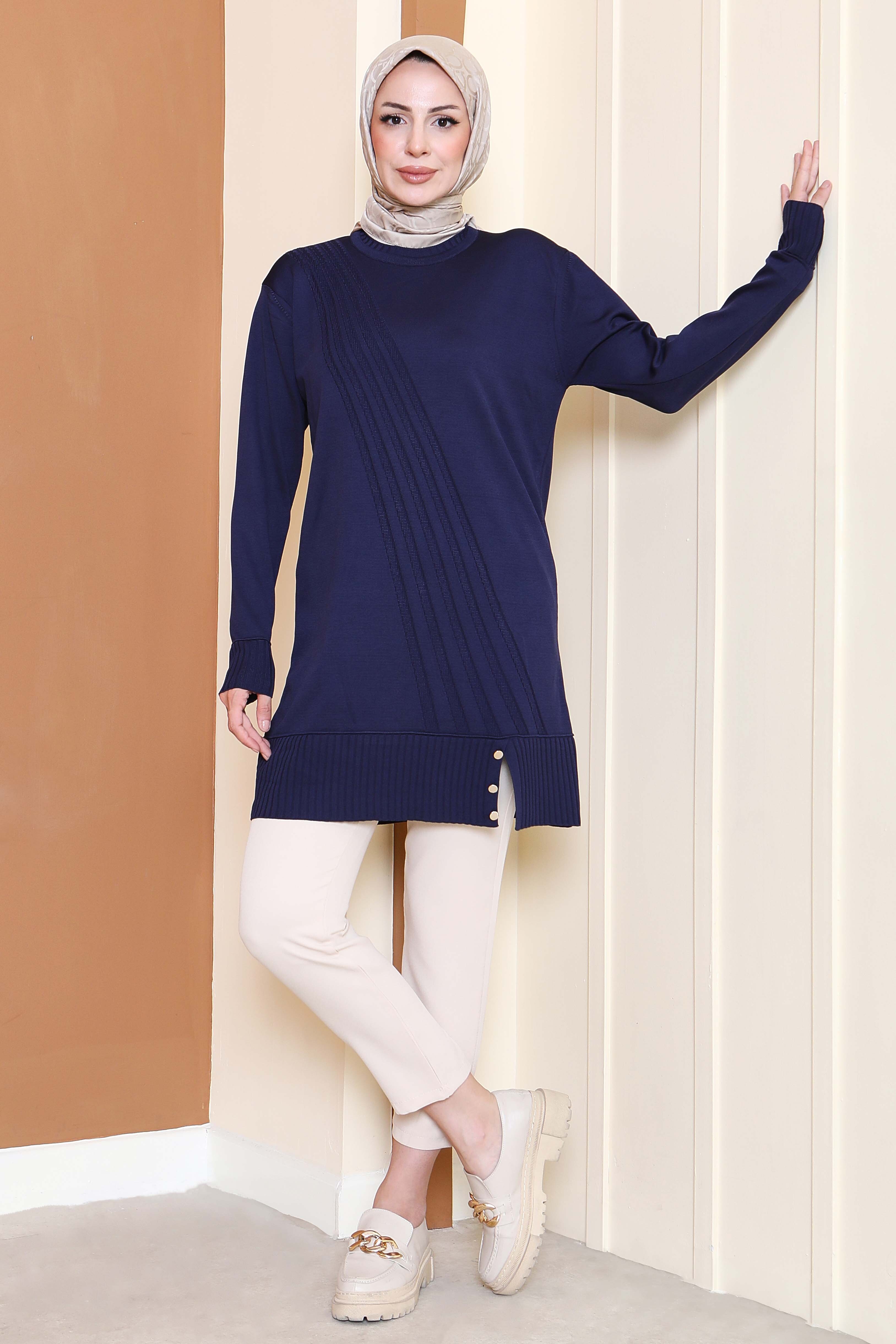 Düğmeli Fitilli Triko Tunik - 27796-LACIVERT - 3