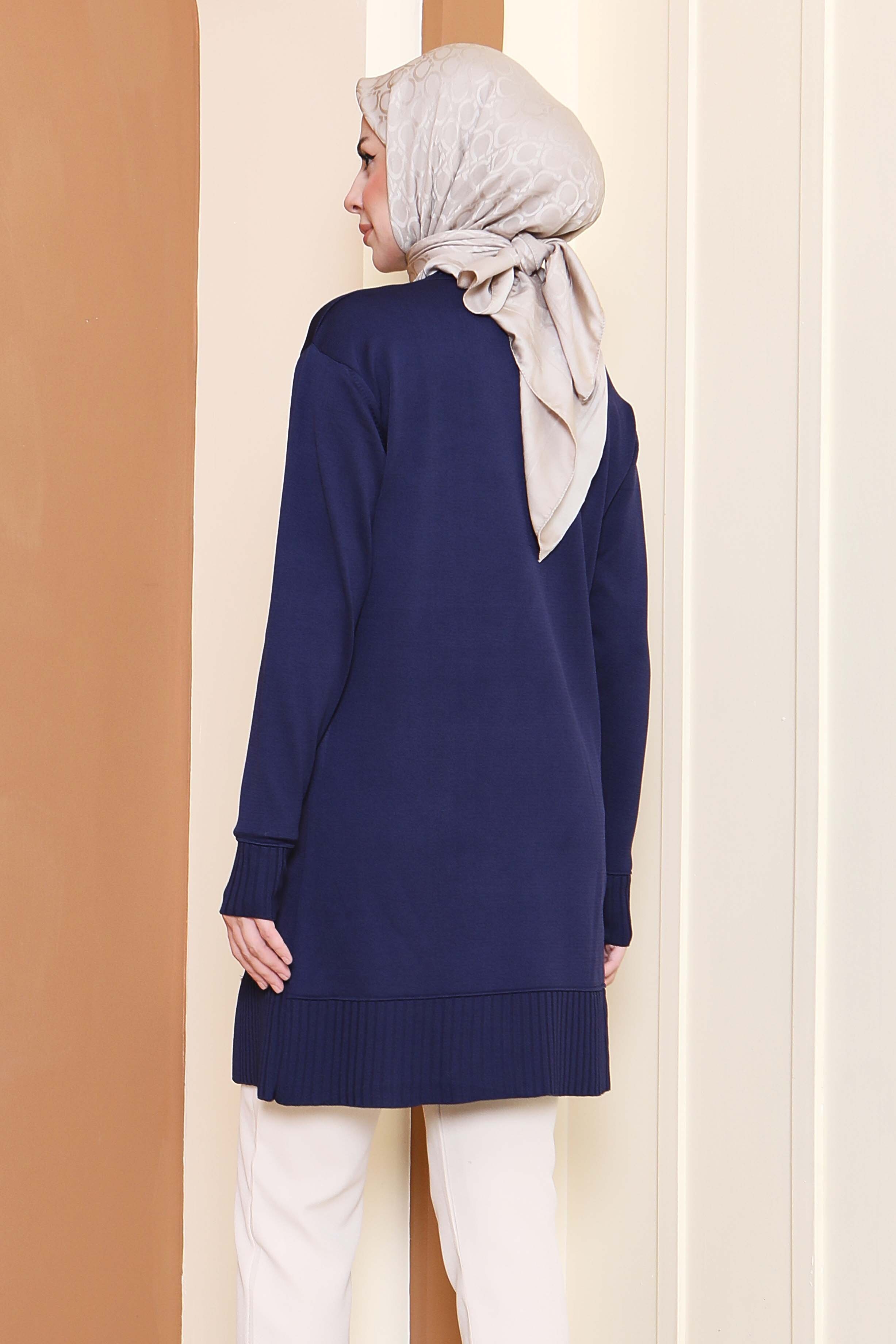 Düğmeli Fitilli Triko Tunik - 27796-LACIVERT - 4