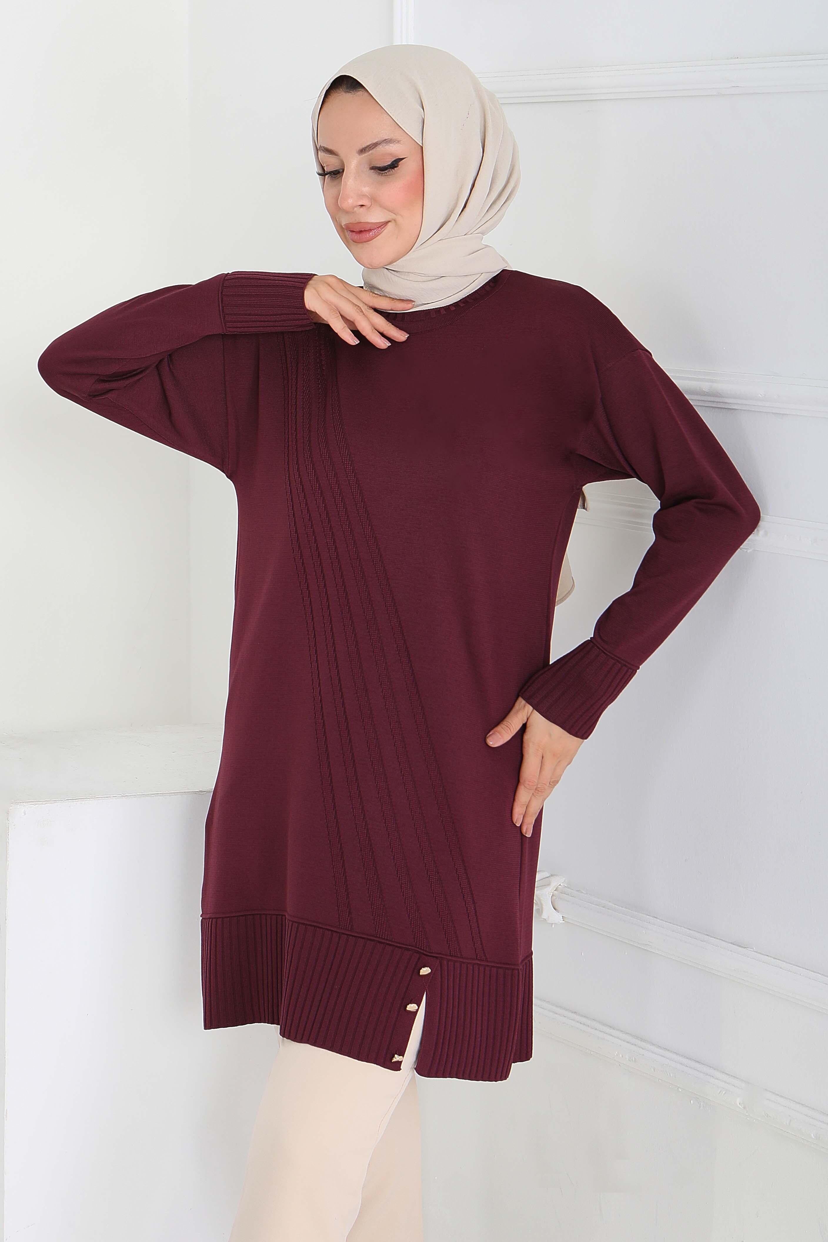 Düğmeli Fitilli Triko Tunik - 27796-MURDUM - 1