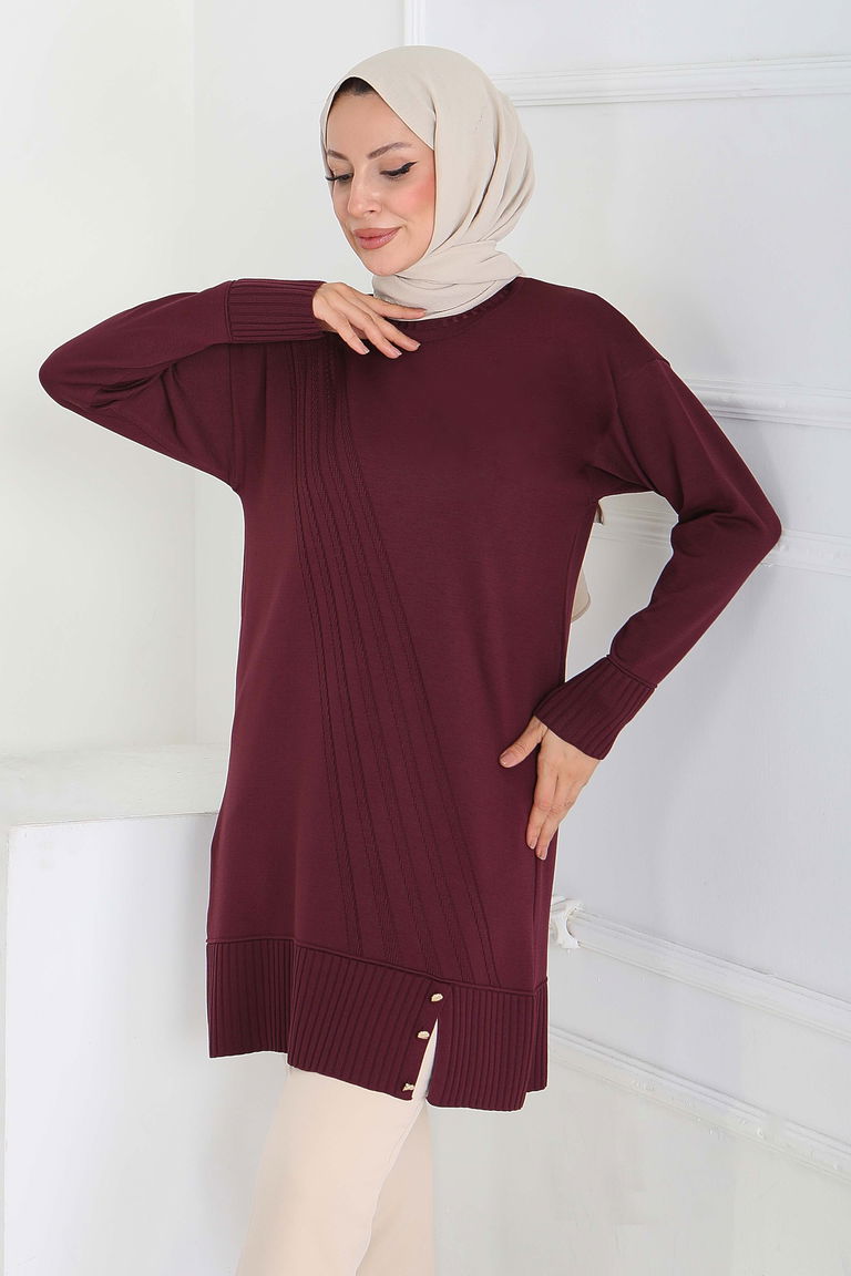 Düğmeli Fitilli Triko Tunik - 27796-MURDUM - TOFİSA