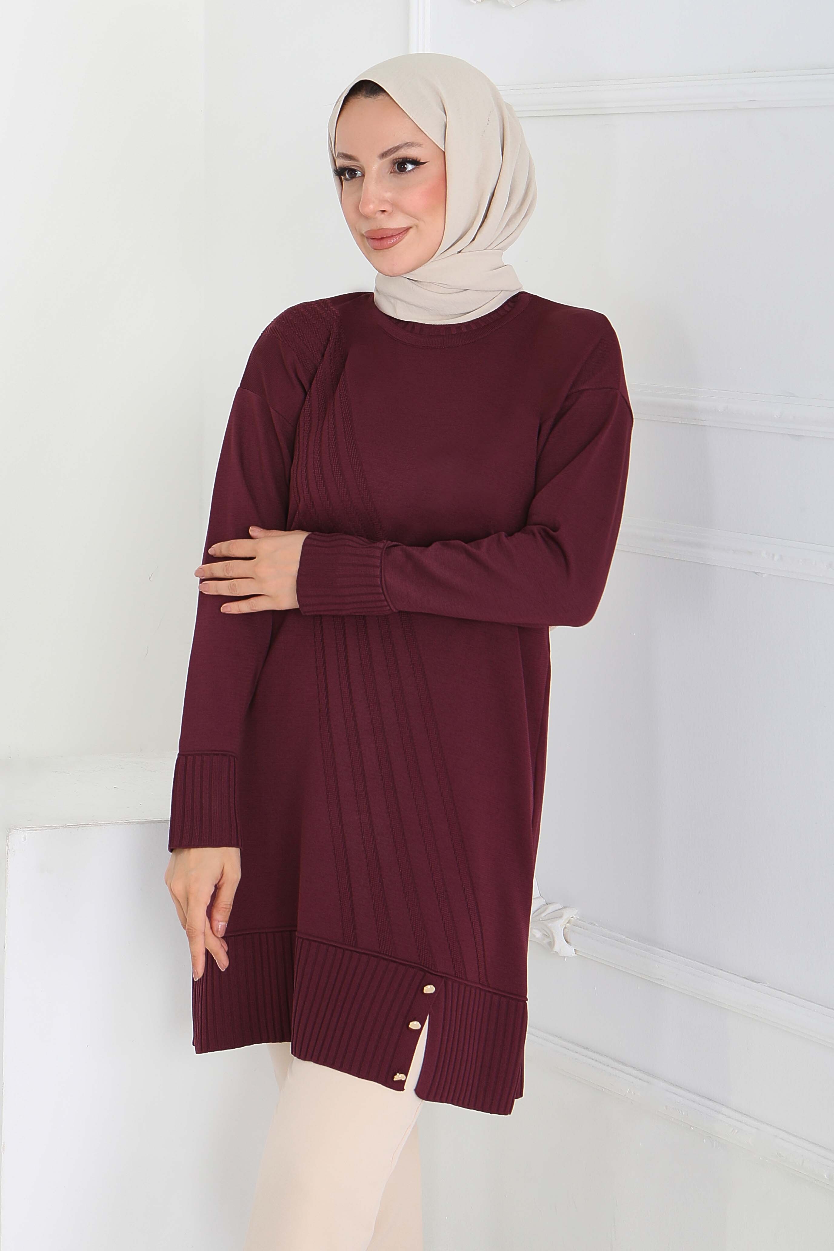 Düğmeli Fitilli Triko Tunik - 27796-MURDUM - 2