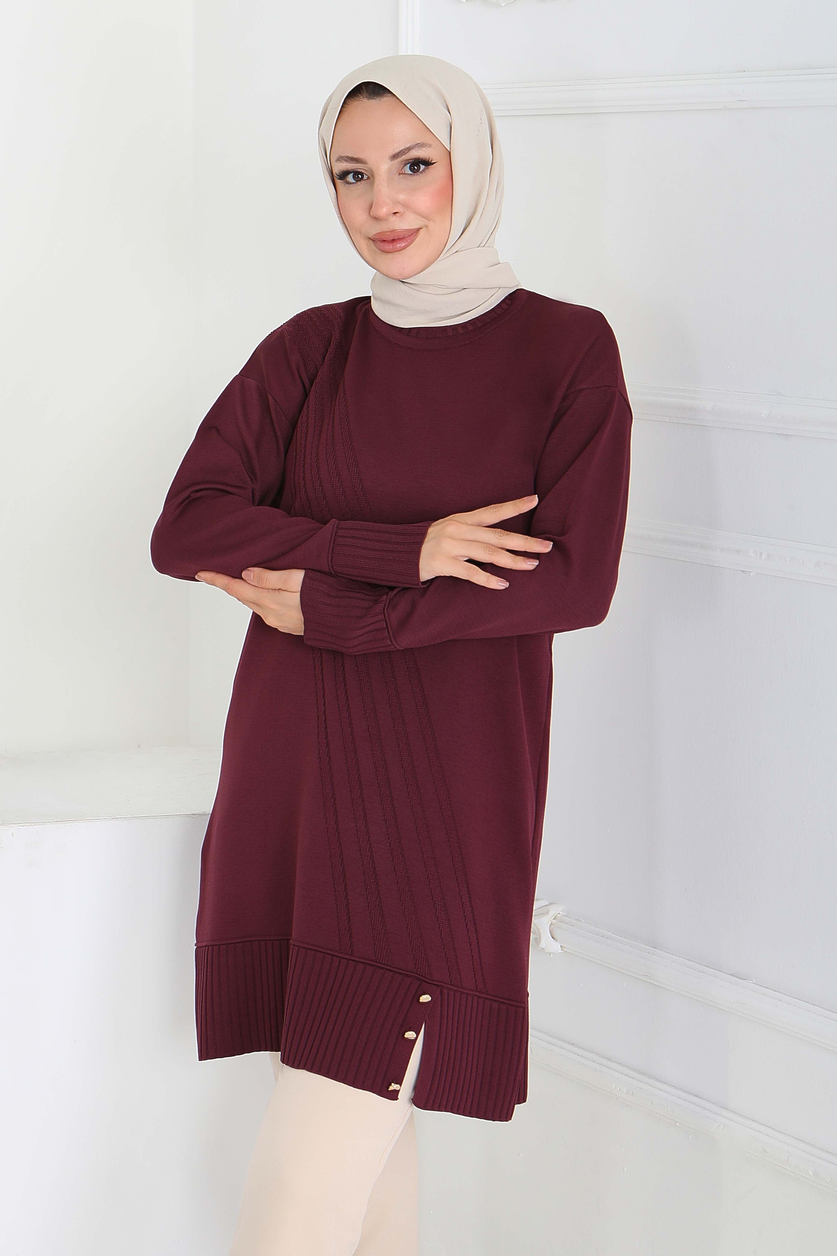 Düğmeli Fitilli Triko Tunik - 27796-MURDUM - 3