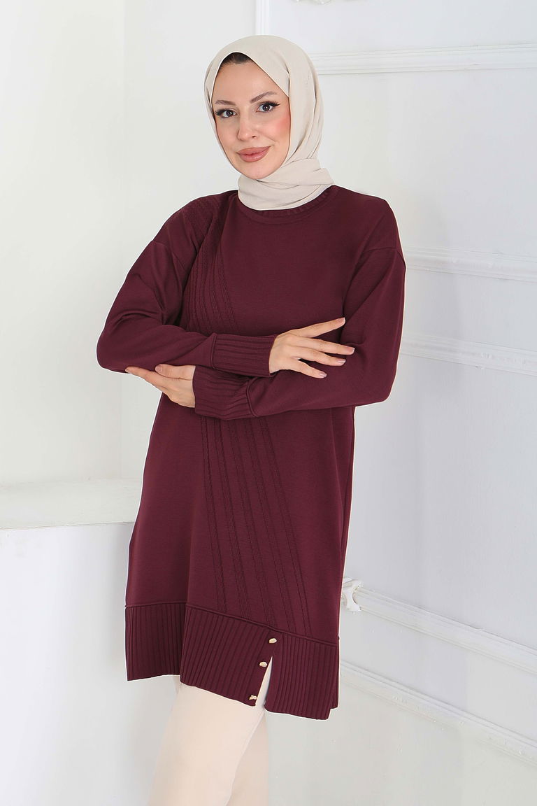 Düğmeli Fitilli Triko Tunik - 27796-MURDUM - TOFİSA