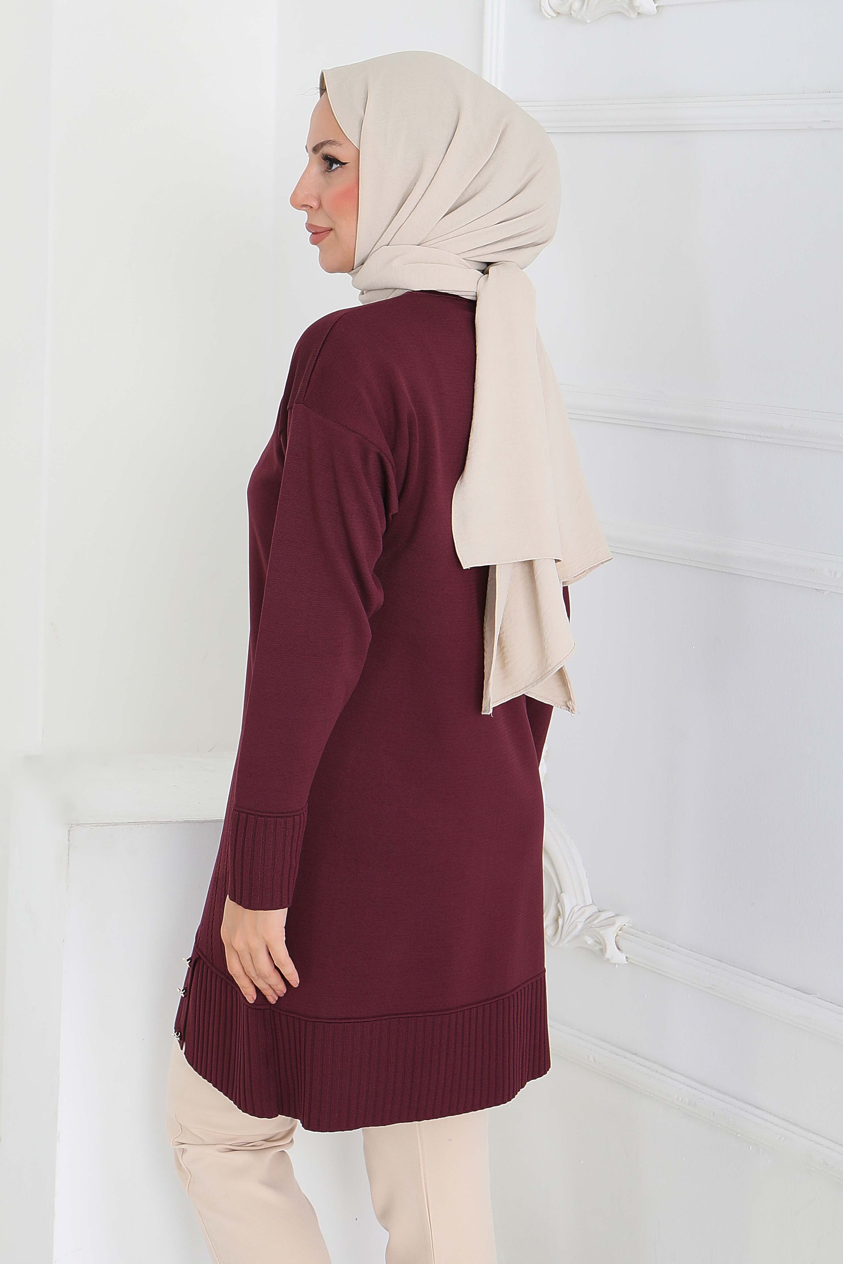 Düğmeli Fitilli Triko Tunik - 27796-MURDUM - 4