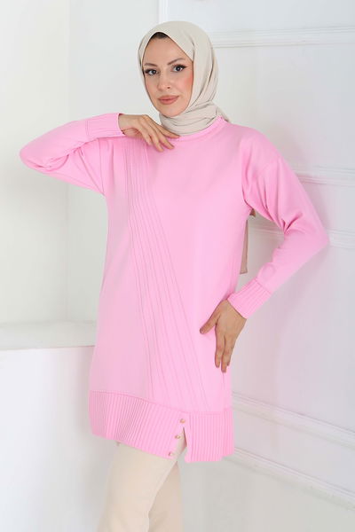 Düğmeli Fitilli Triko Tunik - 27796-PEMBE 