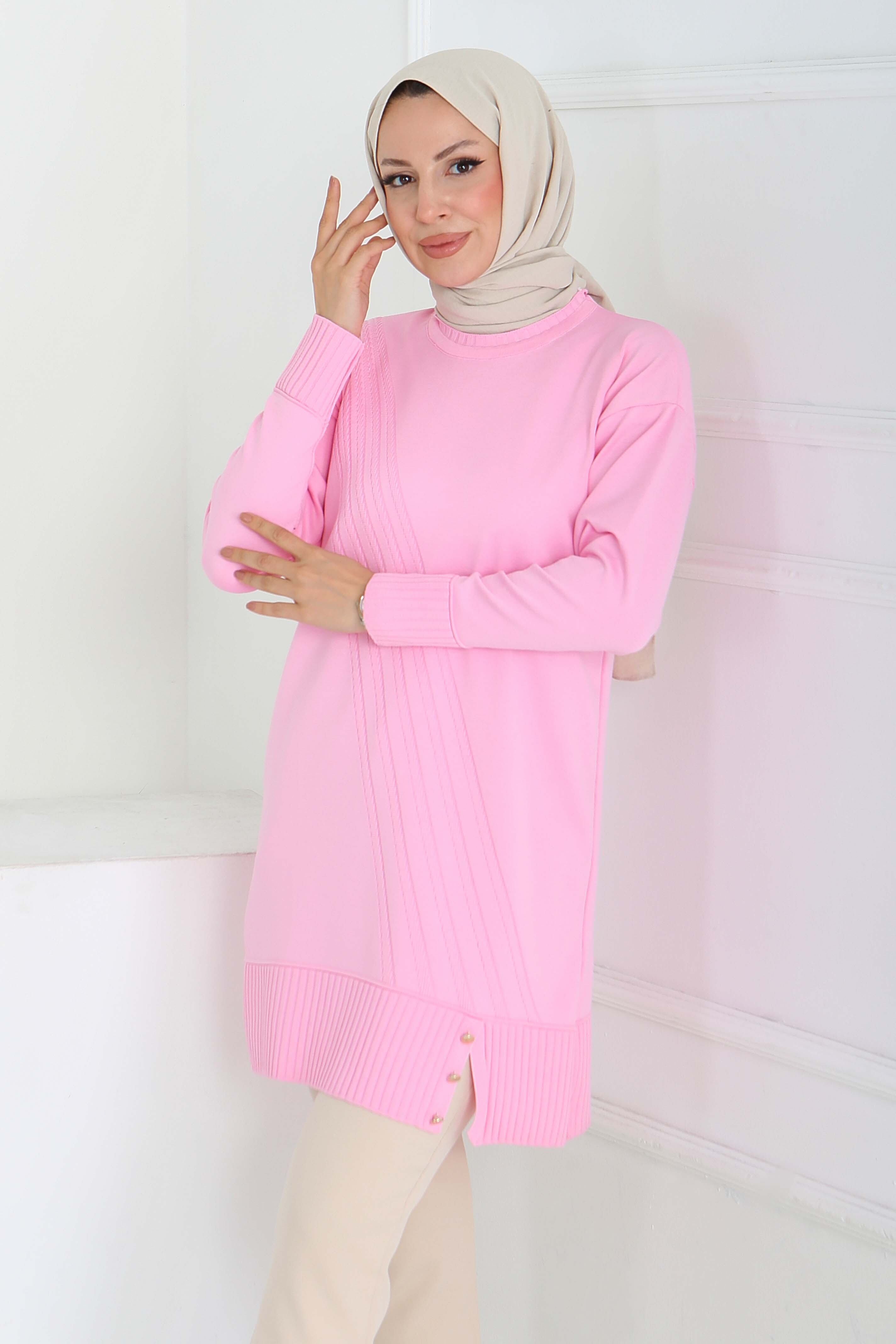 Düğmeli Fitilli Triko Tunik - 27796-PEMBE - 2