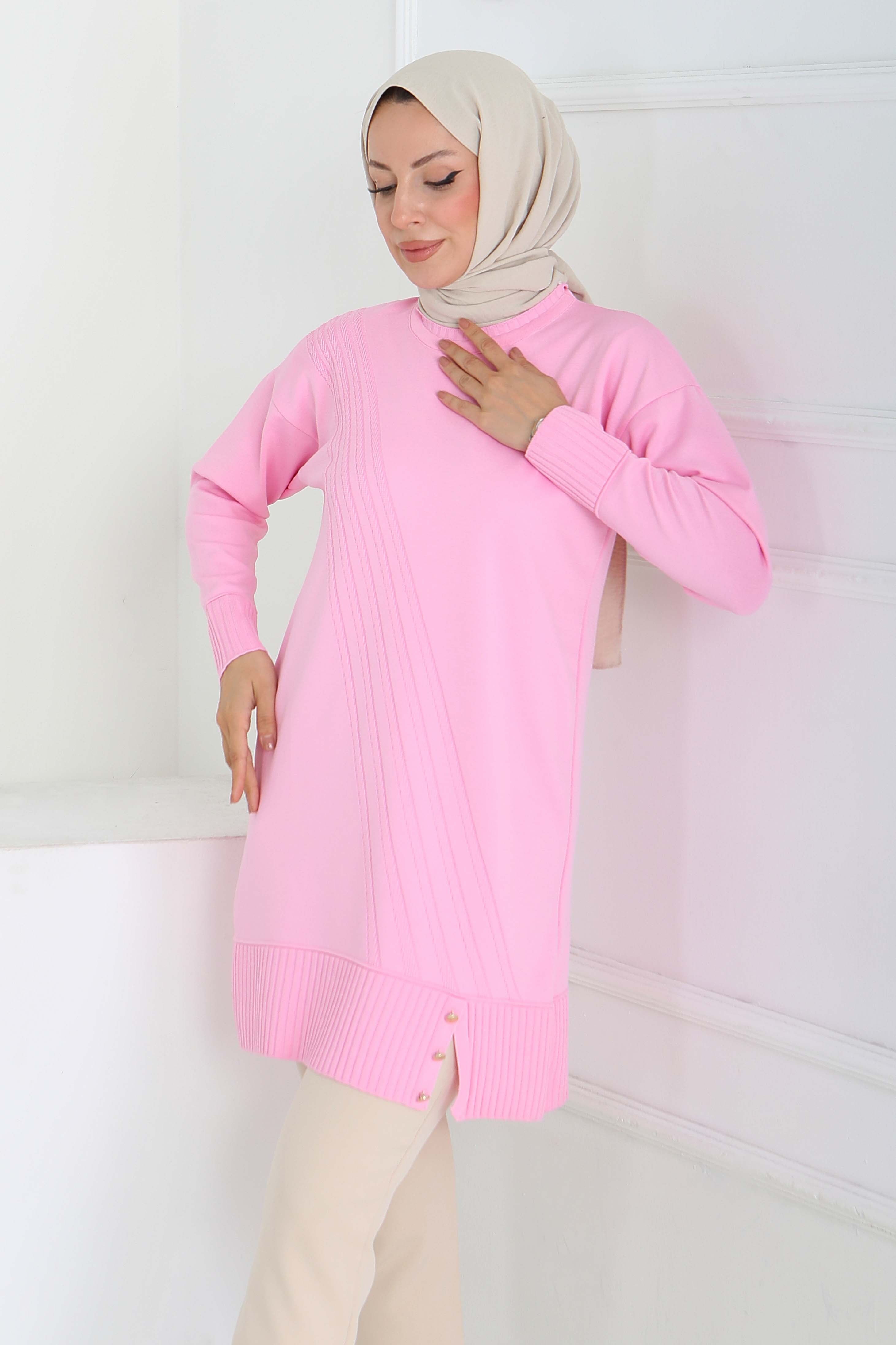 Düğmeli Fitilli Triko Tunik - 27796-PEMBE - 3