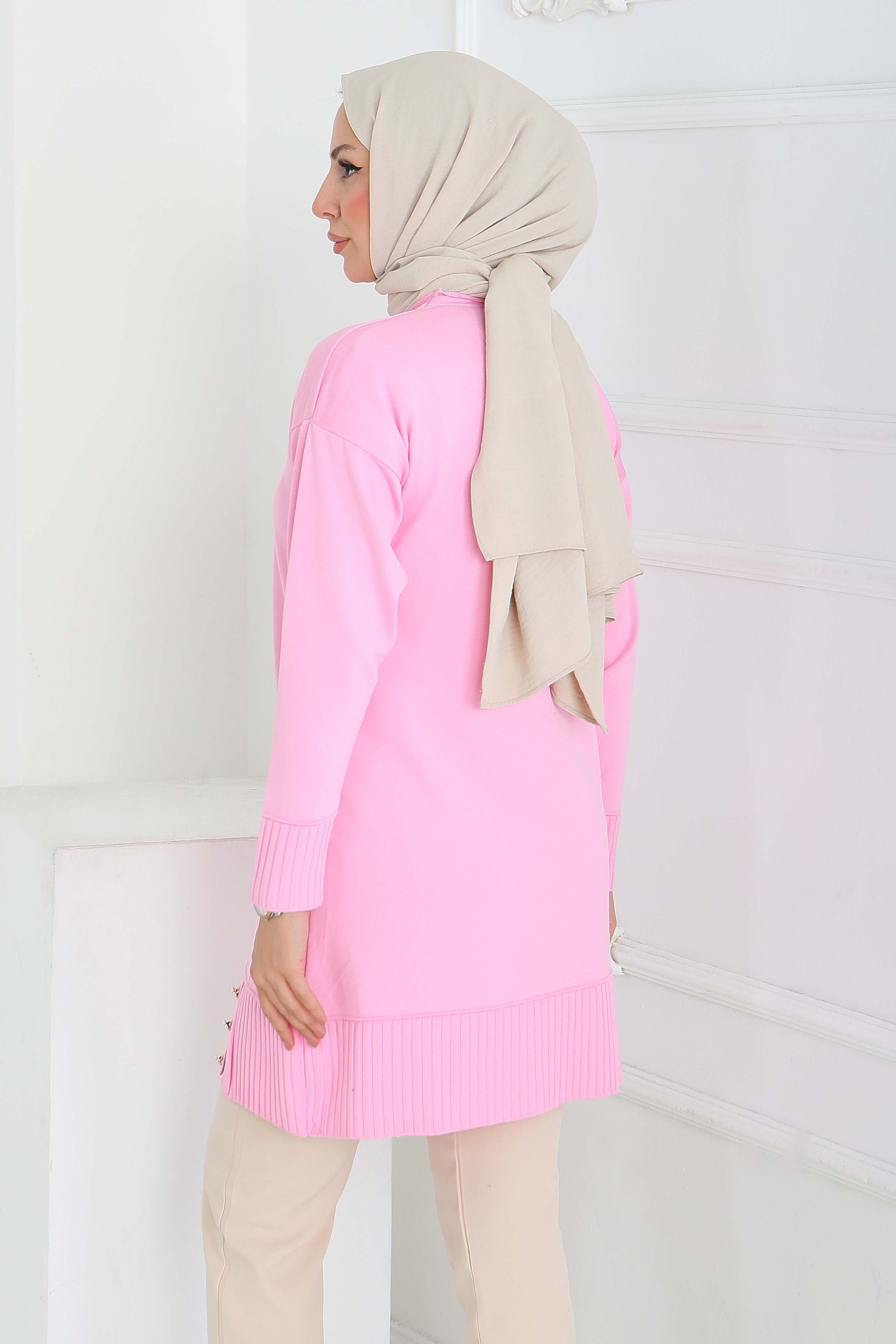 Düğmeli Fitilli Triko Tunik - 27796-PEMBE - 4