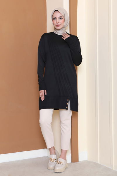 Düğmeli Fitilli Triko Tunik - 27796-SIYAH 