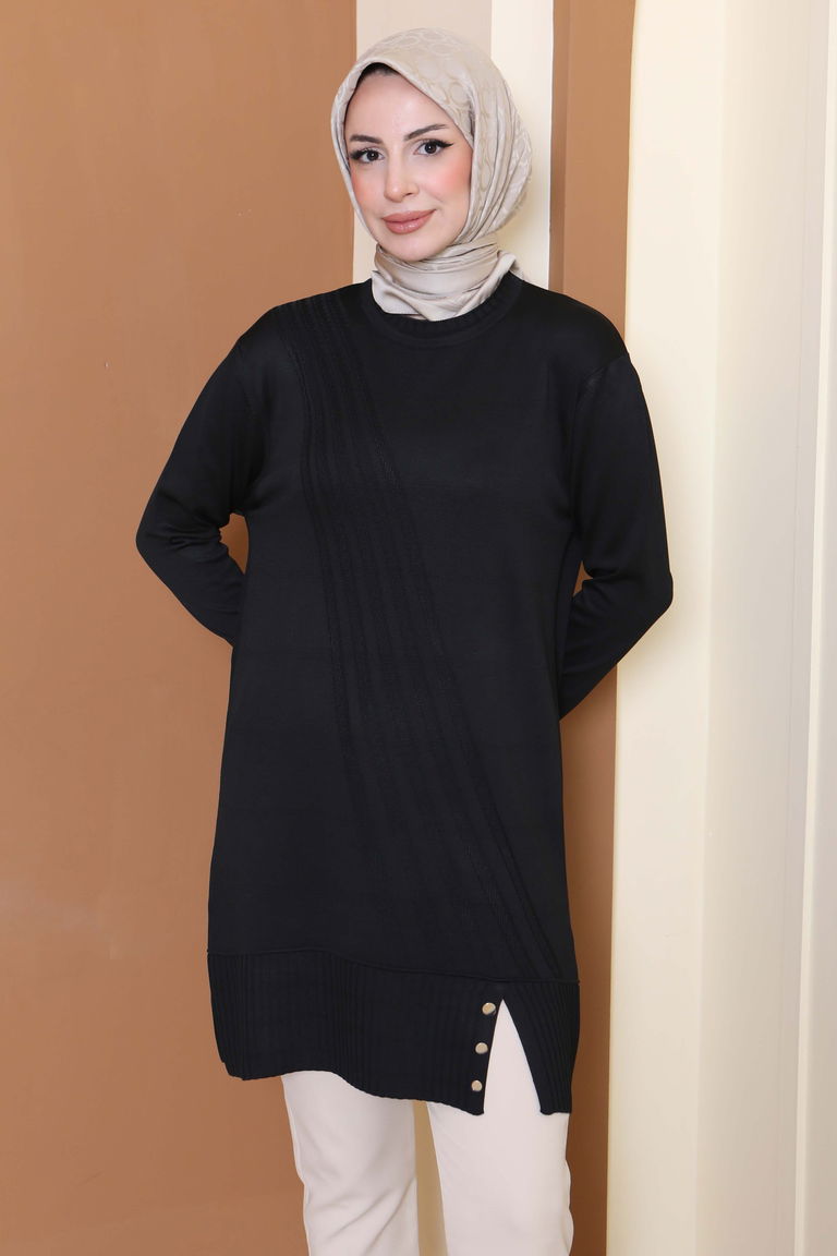 Düğmeli Fitilli Triko Tunik - 27796-SIYAH - TOFİSA
