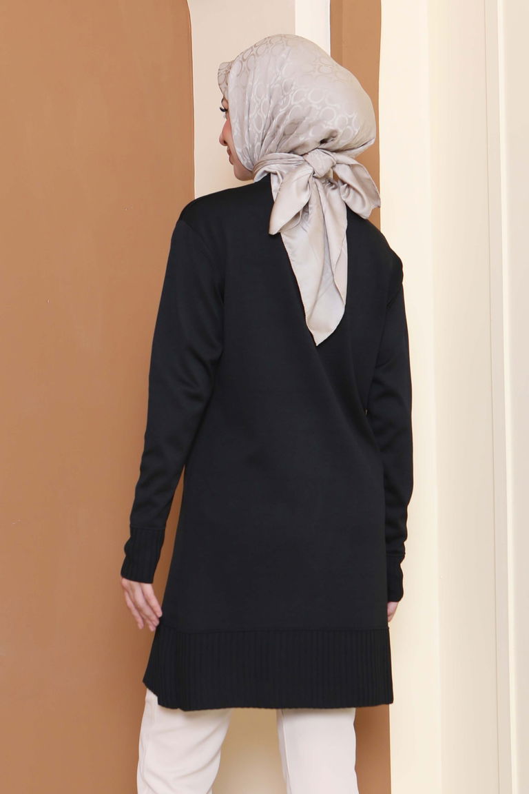 Düğmeli Fitilli Triko Tunik - 27796-SIYAH - TOFİSA