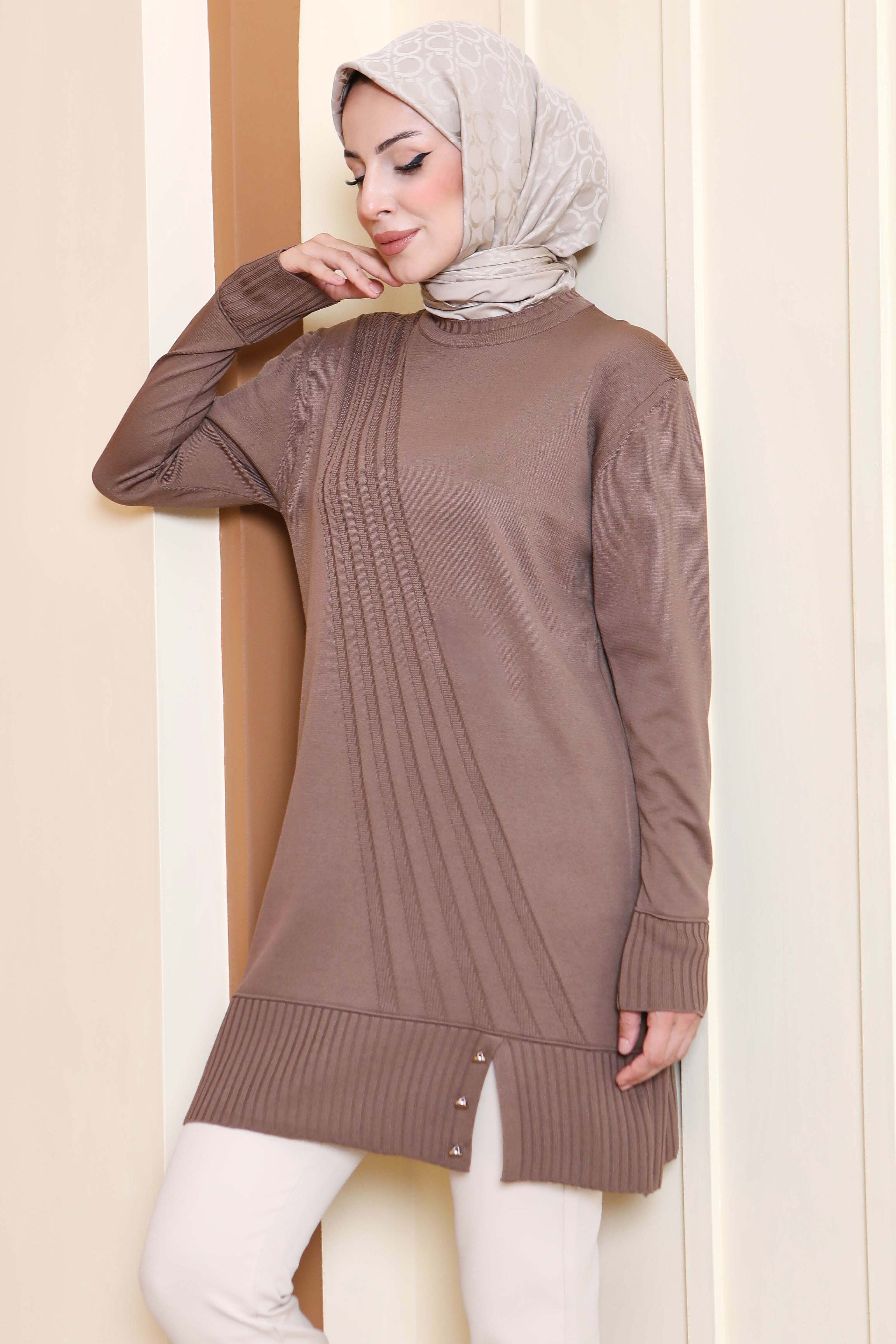 Düğmeli Fitilli Triko Tunik - 27796-VIZON - 3