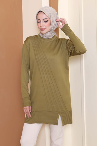Düğmeli Fitilli Triko Tunik - 27796-YAG-YESILI 