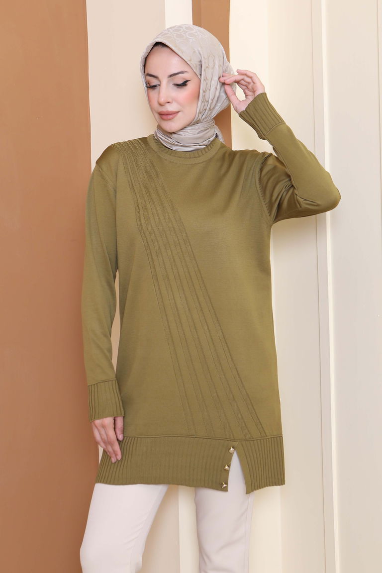Düğmeli Fitilli Triko Tunik - 27796-YAG-YESILI - TOFİSA