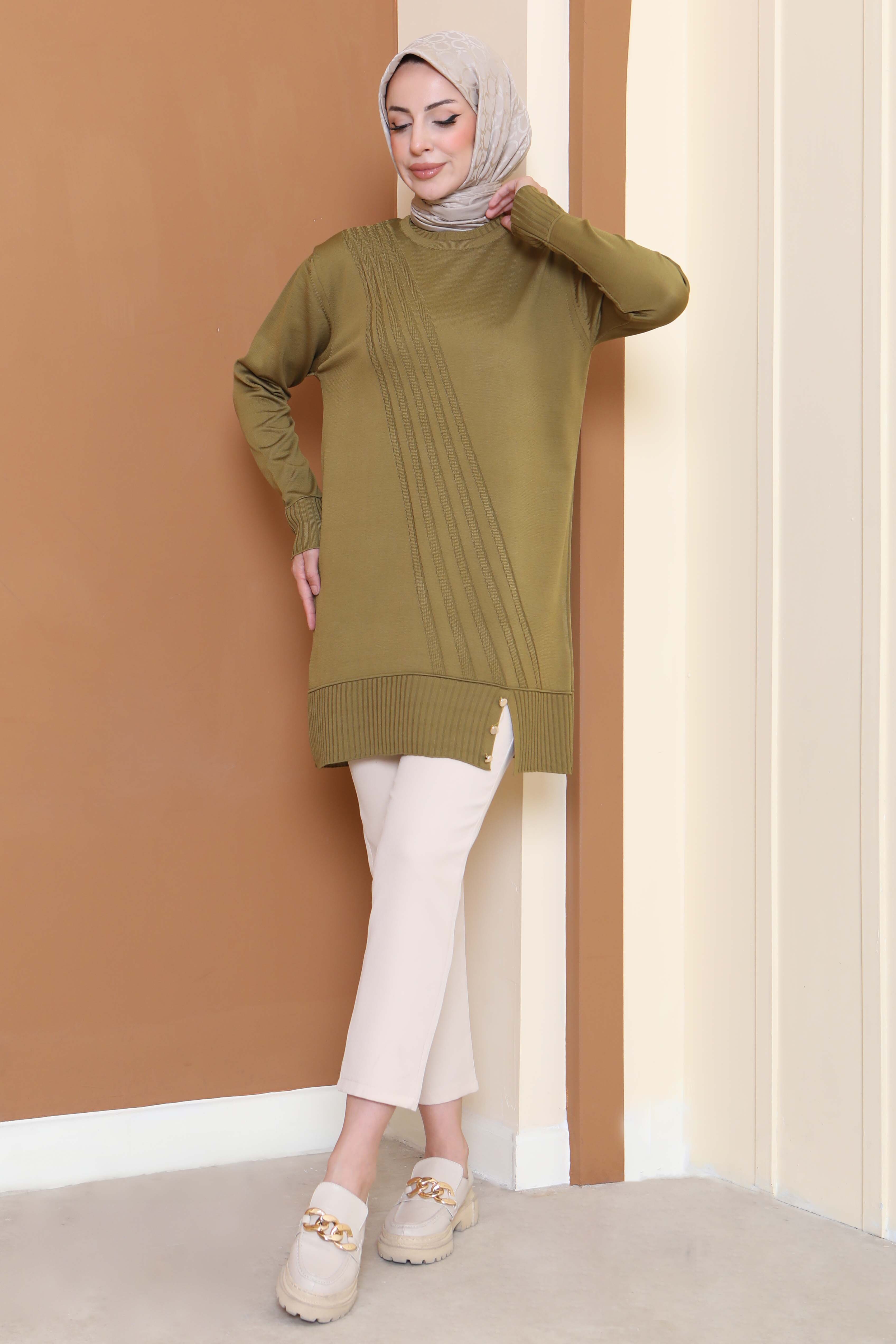Düğmeli Fitilli Triko Tunik - 27796-YAG-YESILI - 2