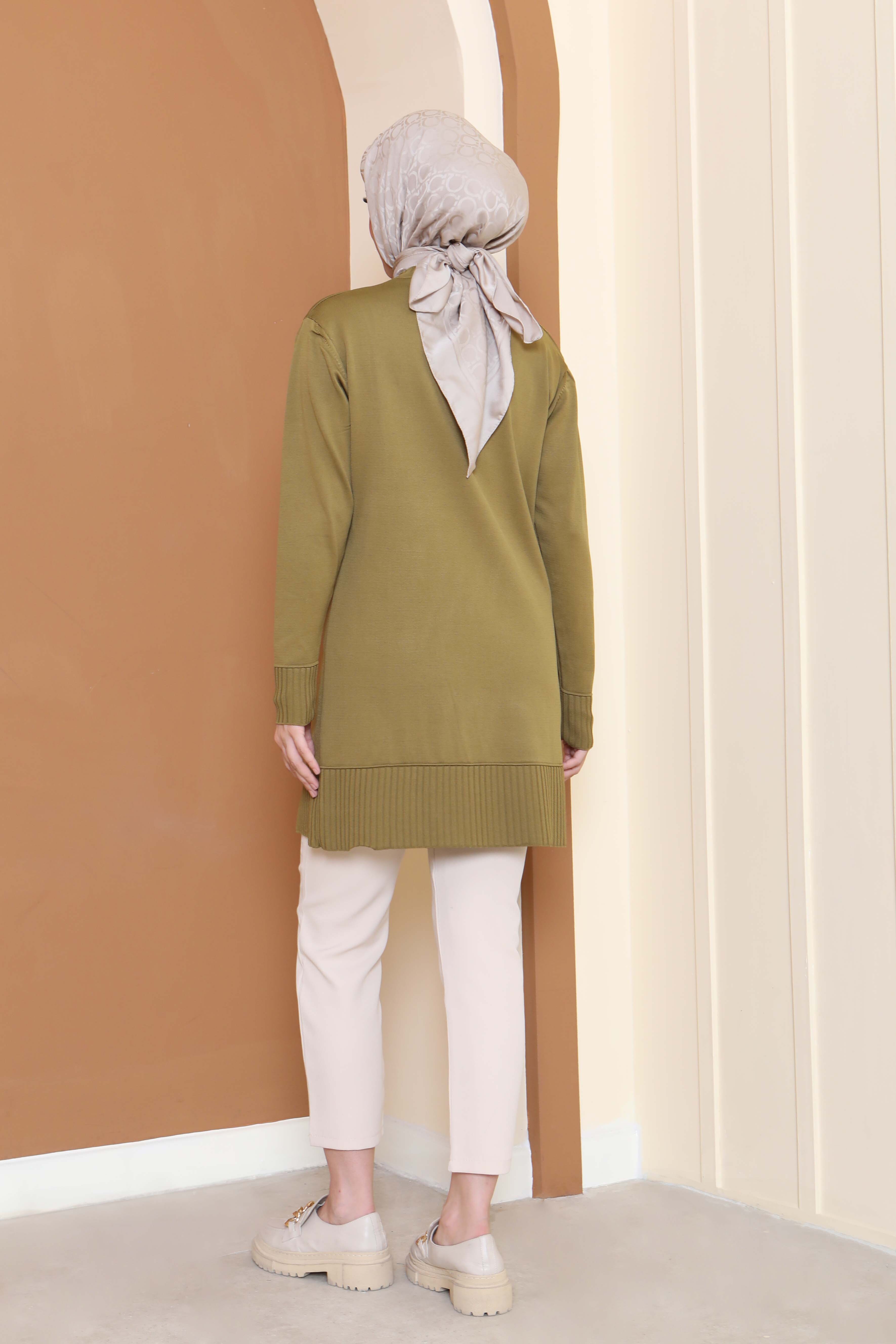 Düğmeli Fitilli Triko Tunik - 27796-YAG-YESILI - 4