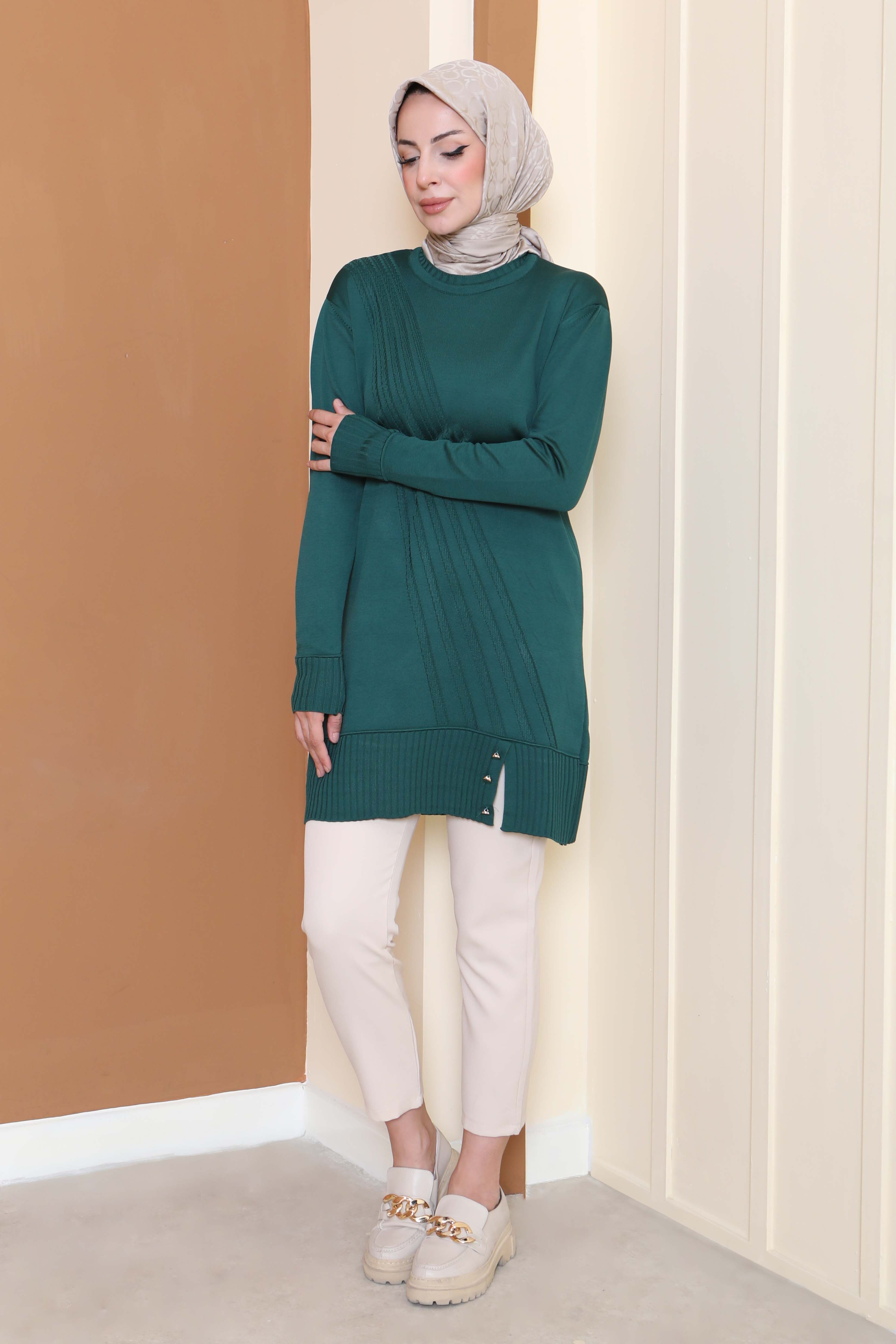 Düğmeli Fitilli Triko Tunik - 27796-ZUMRUT - 2