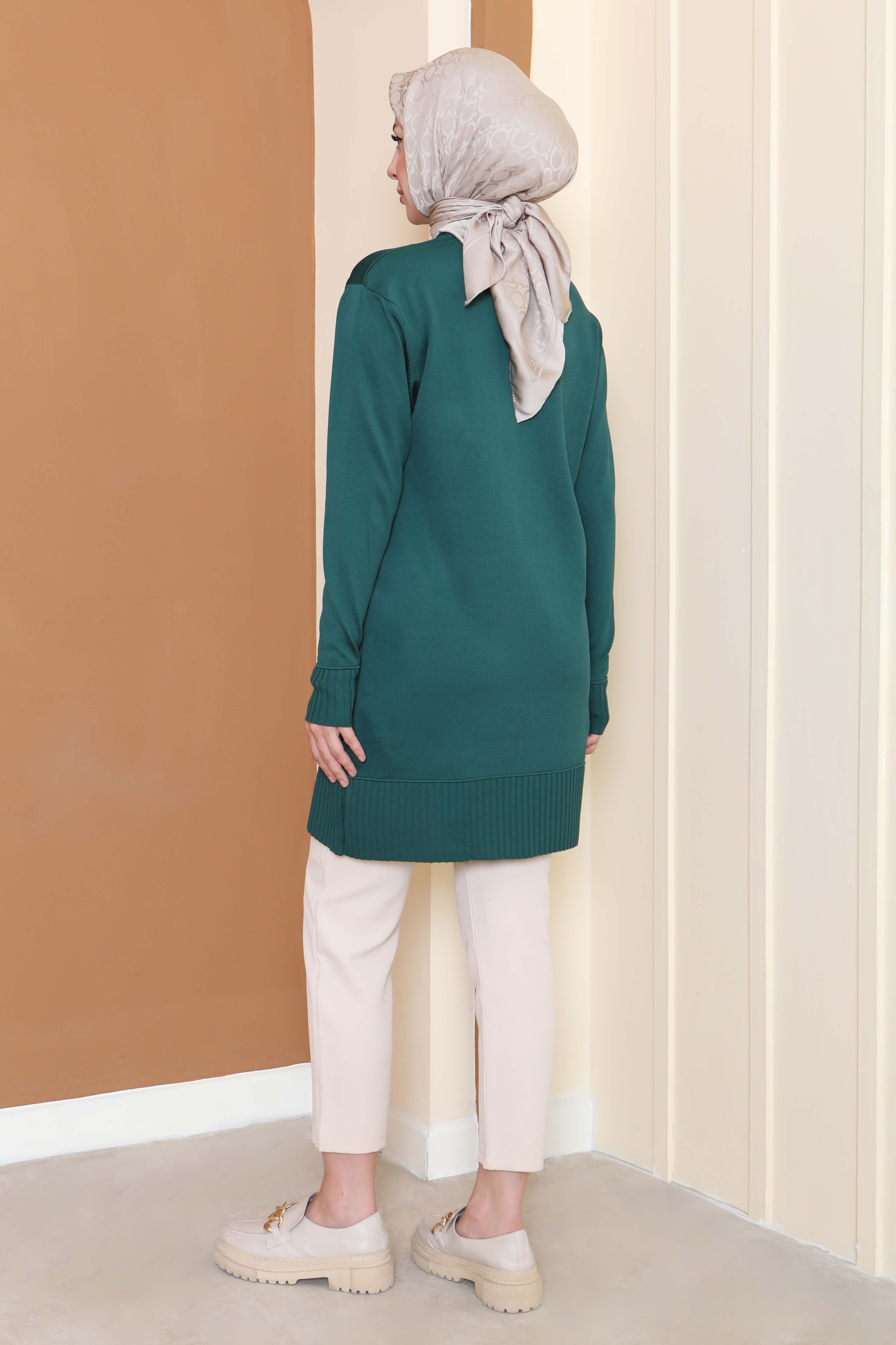 Düğmeli Fitilli Triko Tunik - 27796-ZUMRUT - 3