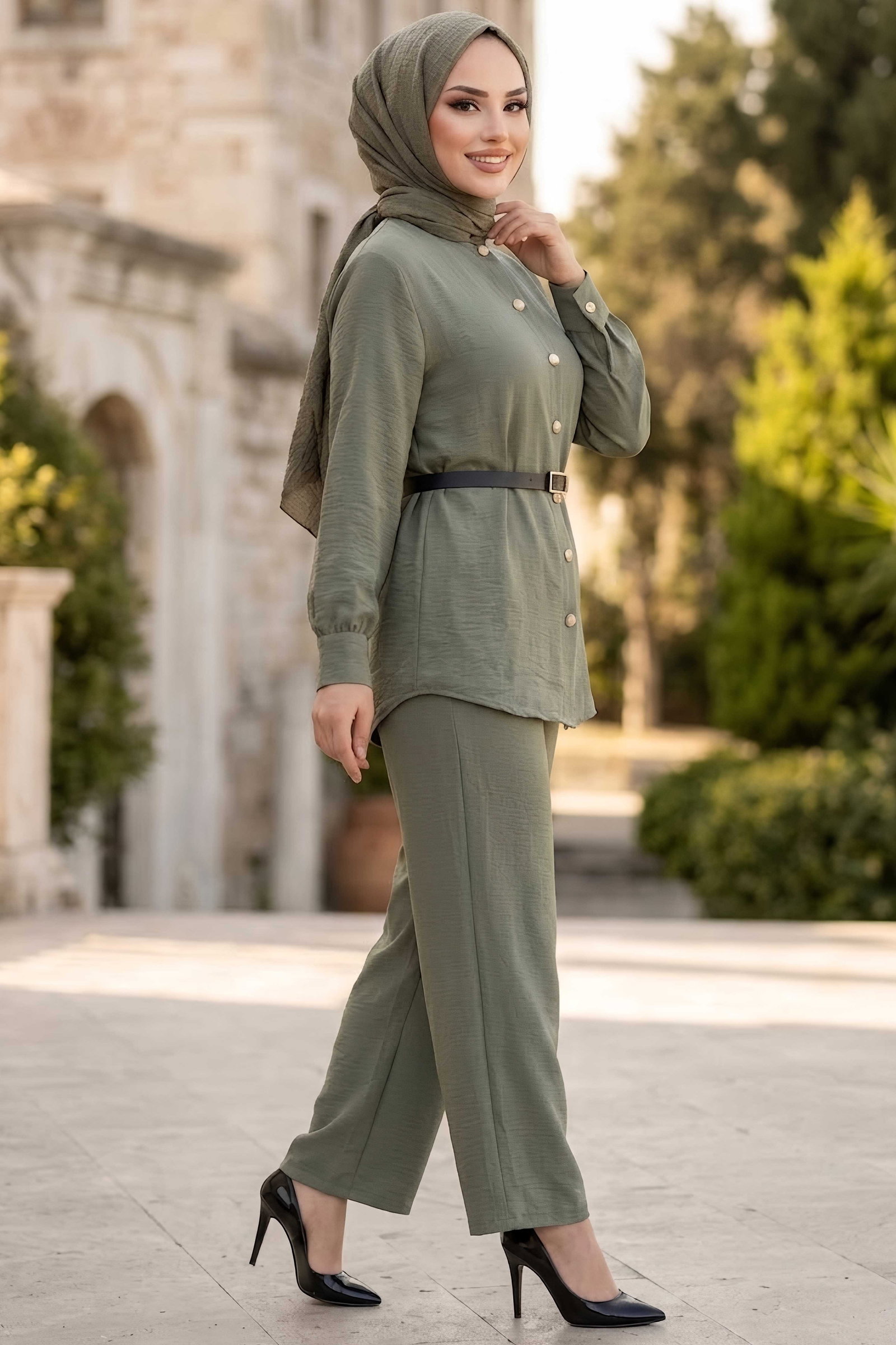 Düğmeli İkili Takım Haki - 28952-HAKI - 2