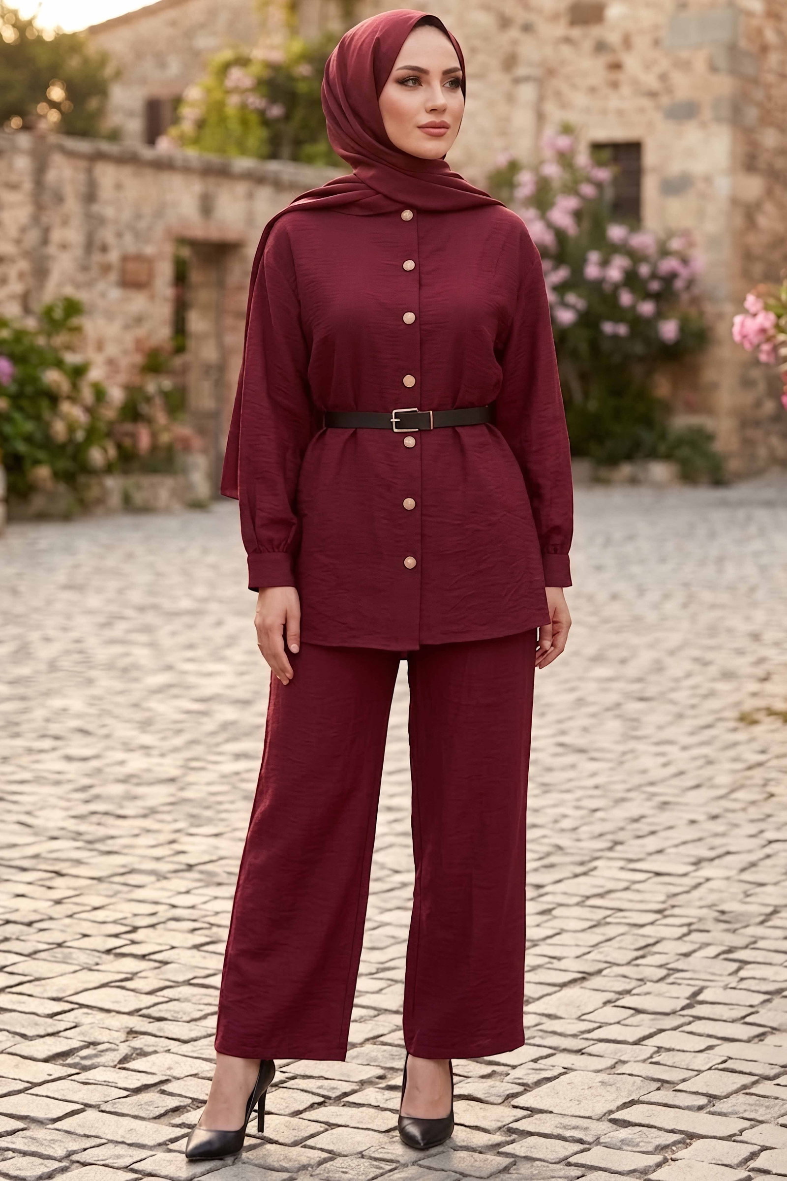 Düğmeli İkili Takım Mürdüm - 28952-MURDUM - 1