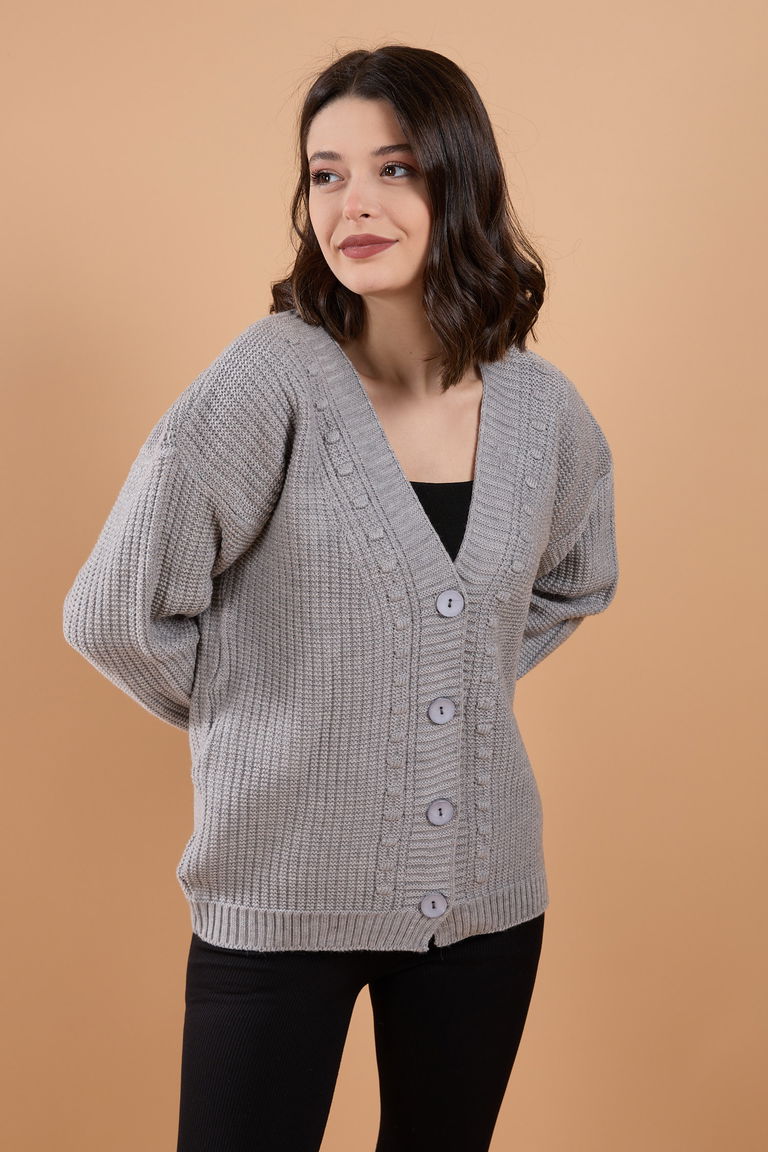 Düğmeli Kabarcık Detaylı Triko Hırka - 27648 - TOFİSA