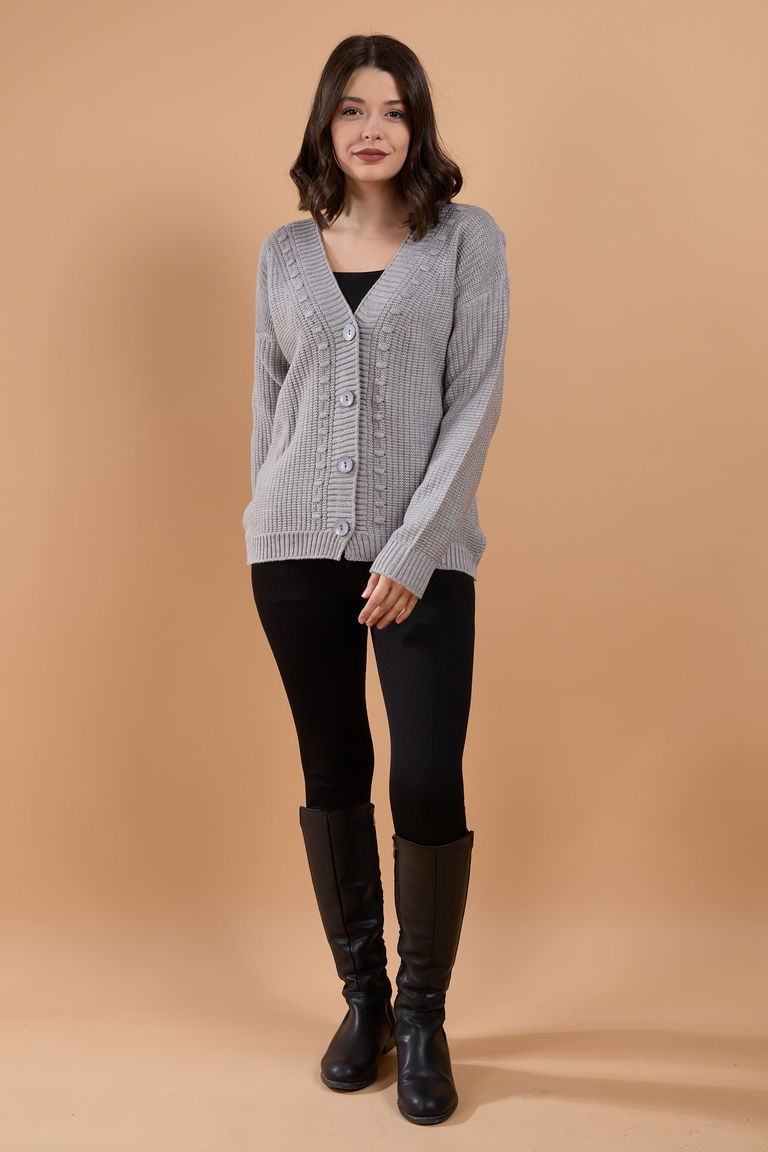 Düğmeli Kabarcık Detaylı Triko Hırka - 27648 - TOFİSA