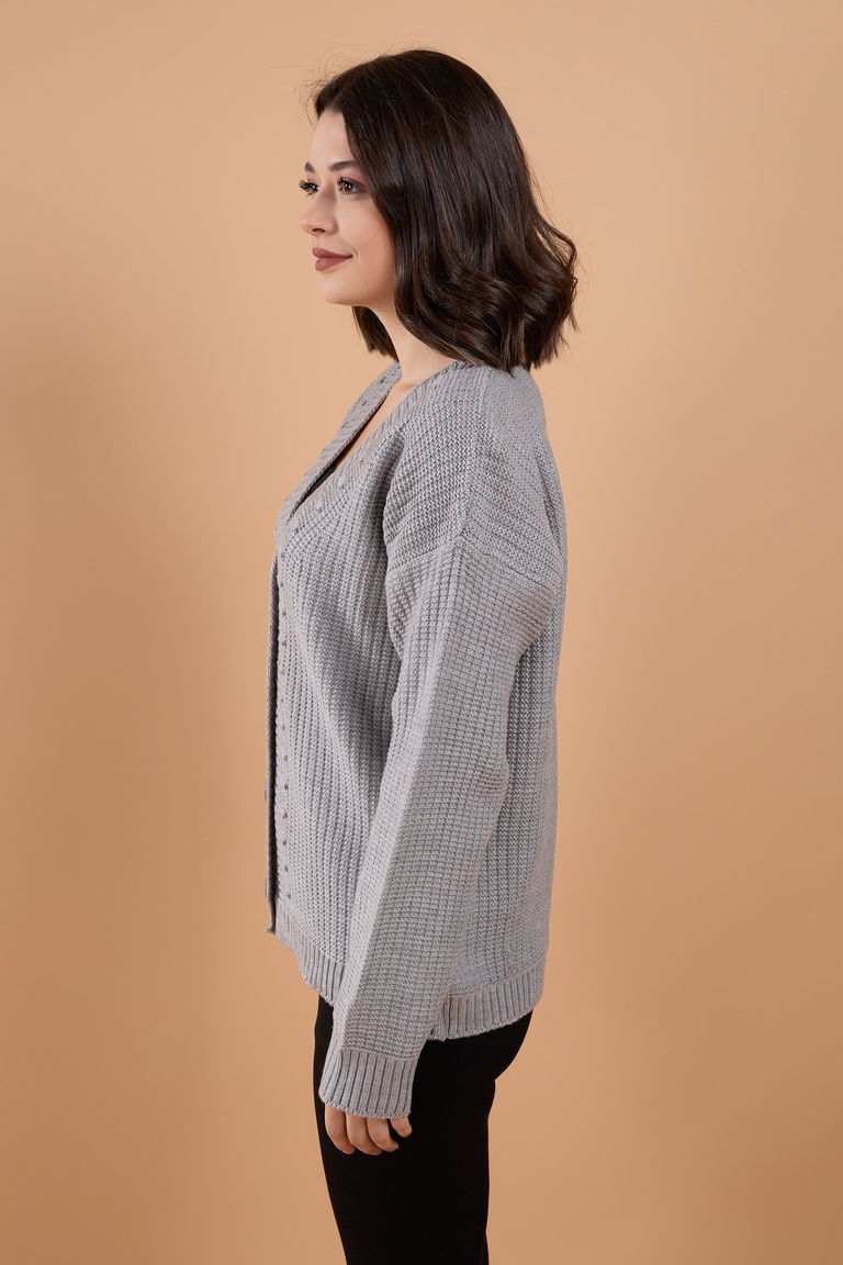 Düğmeli Kabarcık Detaylı Triko Hırka - 27648 - TOFİSA