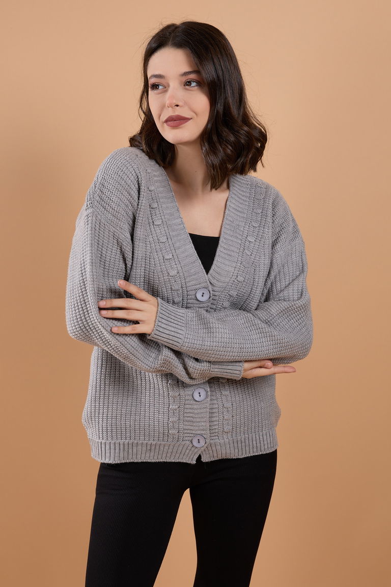 Düğmeli Kabarcık Detaylı Triko Hırka - 27648 - TOFİSA