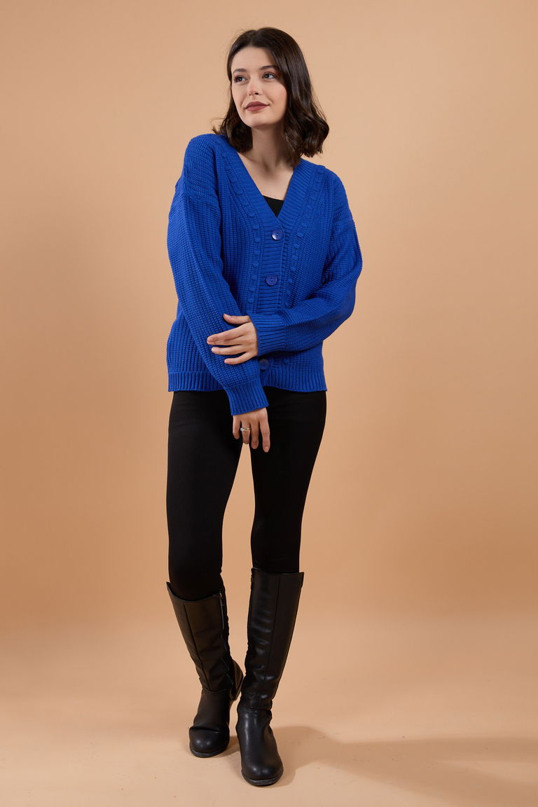 Düğmeli Kabarcık Detaylı Triko Hırka - 27648 - TOFİSA