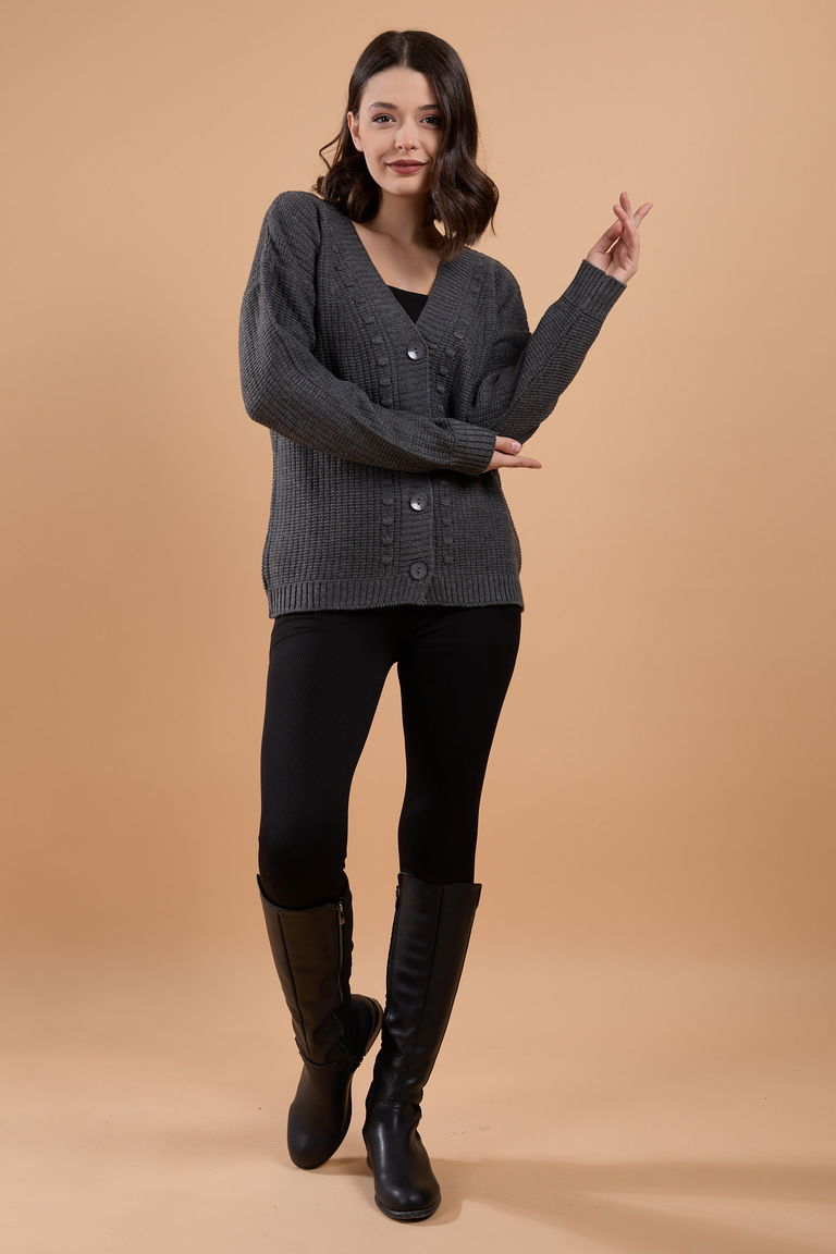 Düğmeli Kabarcık Detaylı Triko Hırka - 27648 - TOFİSA