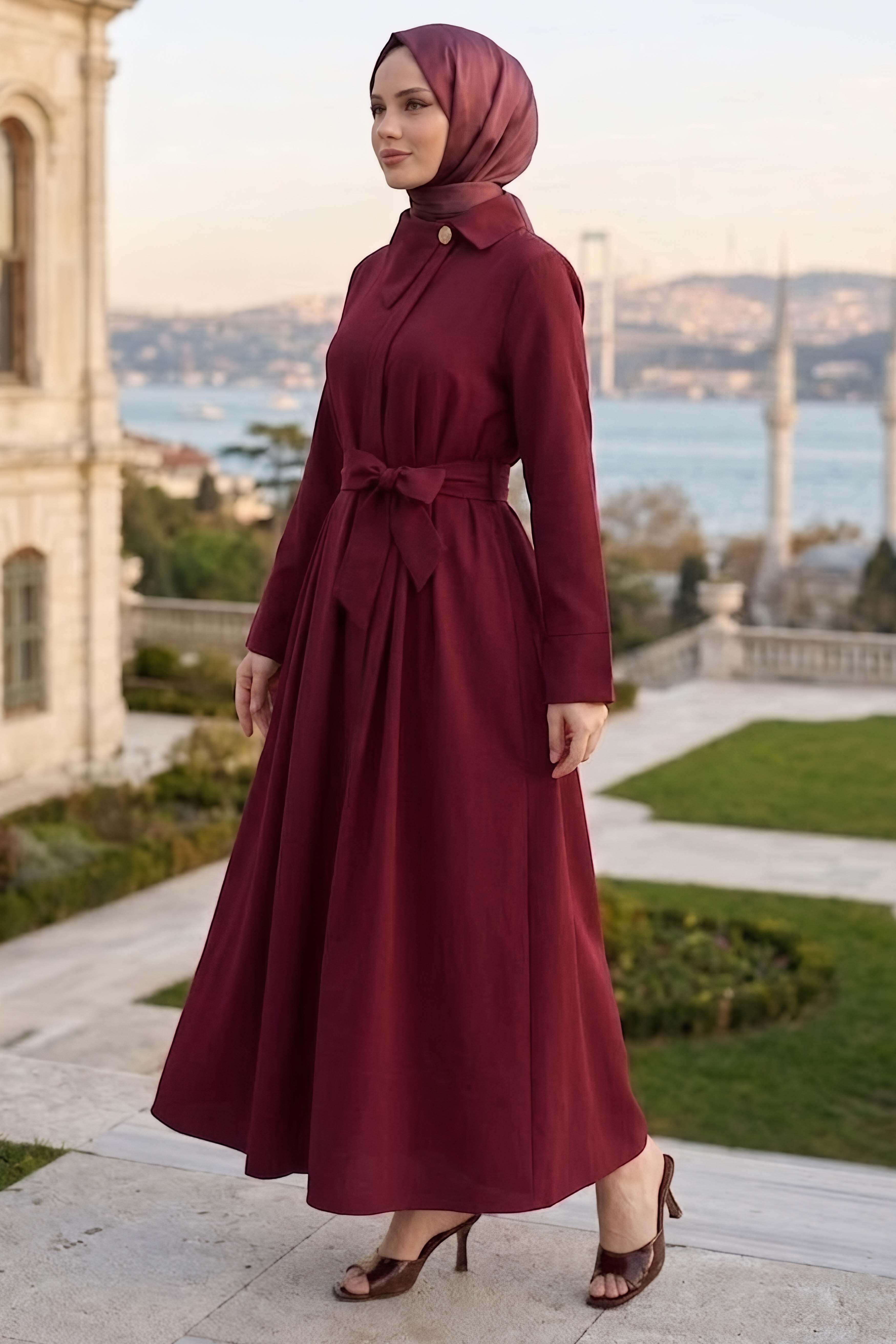 Düğmeli Kemerli Elbise Bordo - 28535-BORDO - 1