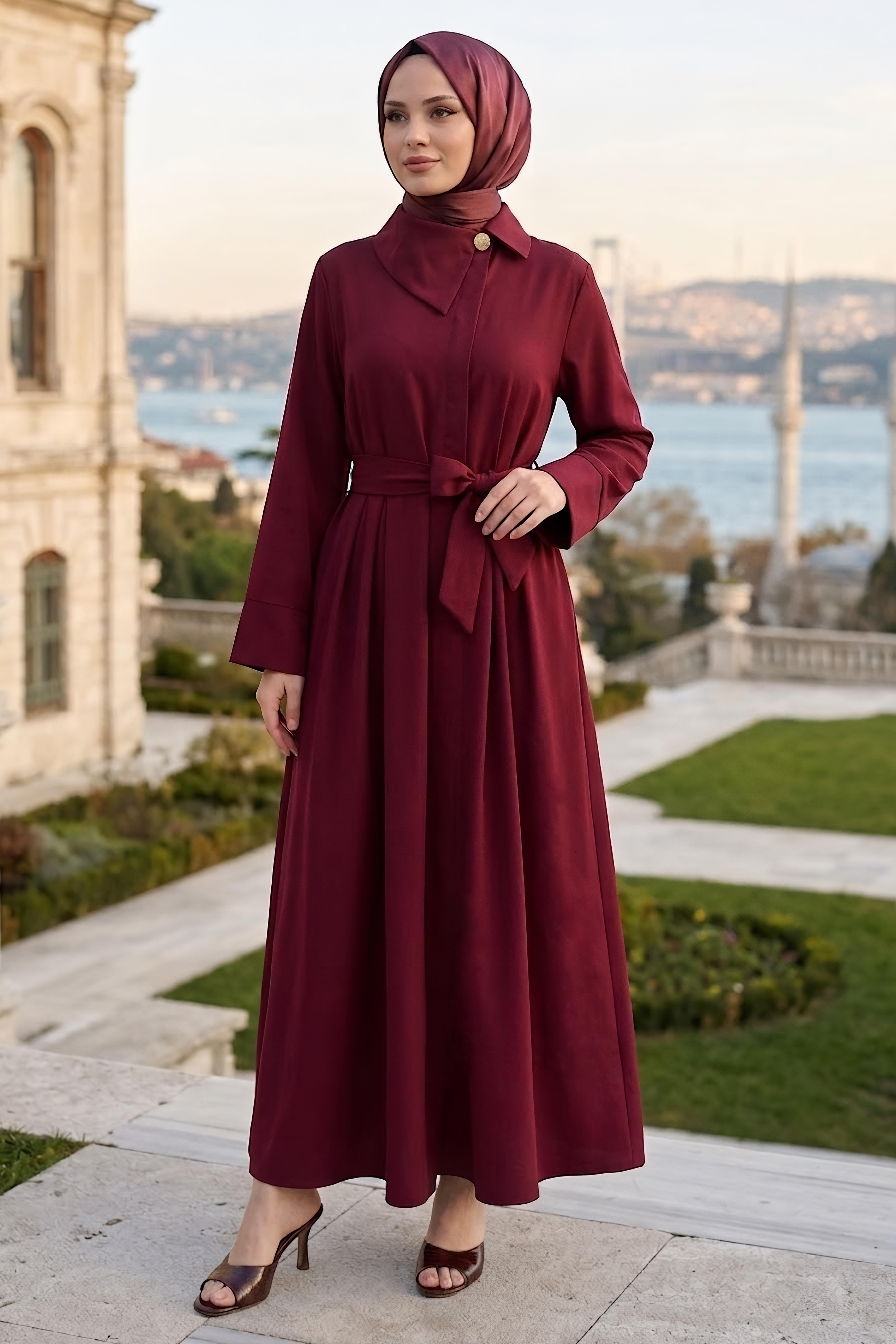 Düğmeli Kemerli Elbise Bordo - 28535-BORDO - 2