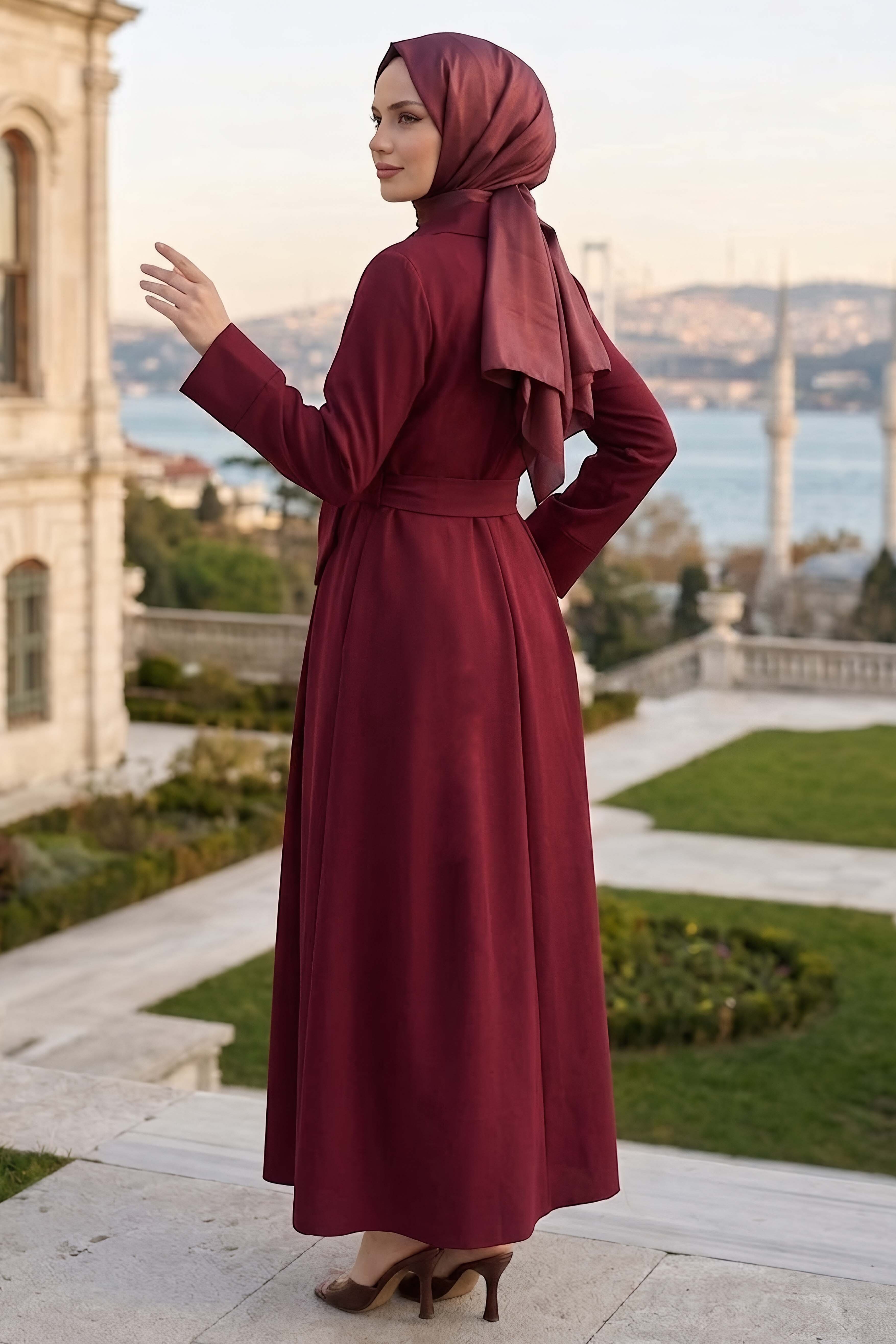 Düğmeli Kemerli Elbise Bordo - 28535-BORDO - 3